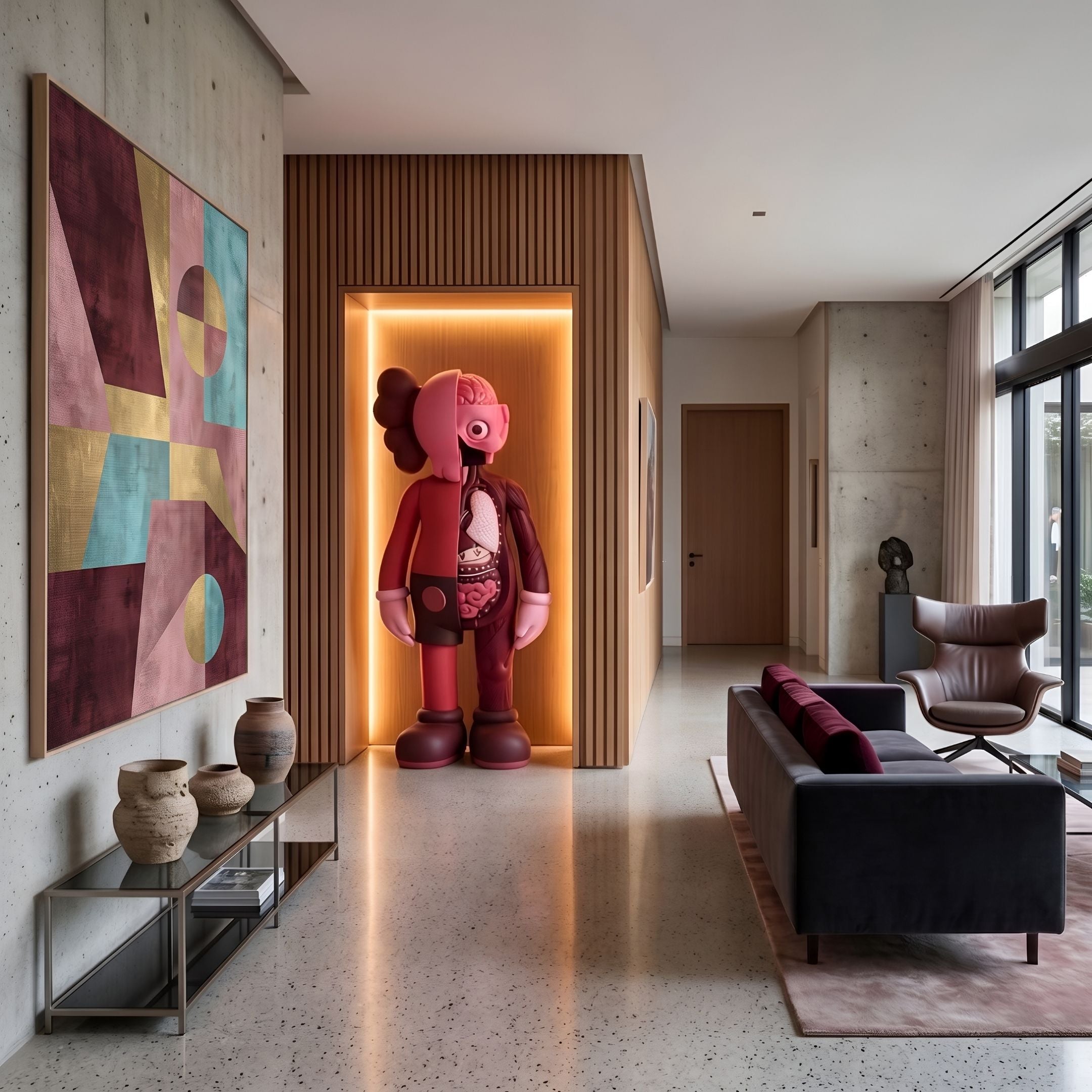 Blush Ruby Iconify Anatomy Sculpture, 187cm, in a hallway niche with backlit wood slats beside abstract wall art and a dark lounge sofa.