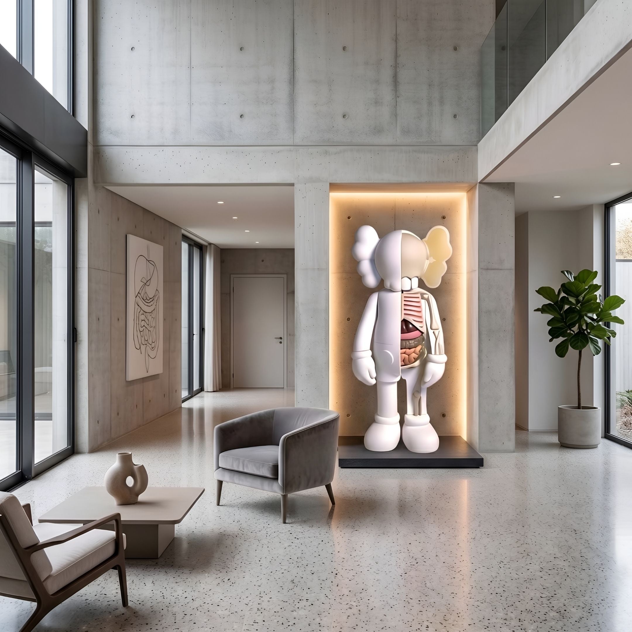 Cloud White Iconify Anatomy Sculpture, 187cm, displayed in a lit wall niche in a concrete-walled lounge with grey armchair and coffee table.