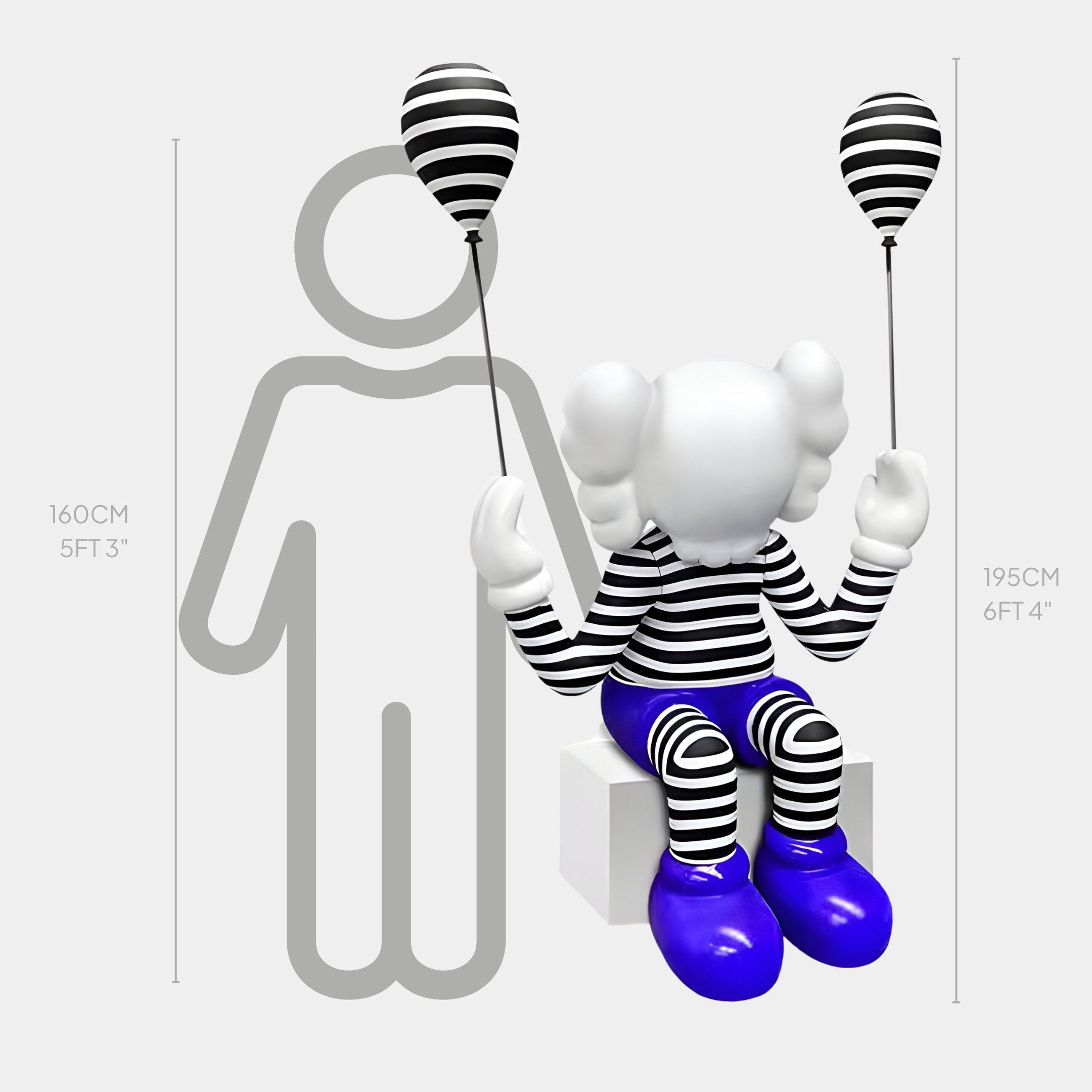 The Giant Sculptures Deep Blue Iconify Mime Sitting Sculpture - 195cm features a stylized character with a white head, deep blue accented shoes, black and white striped clothing, holding two striped balloons on a white block against a height chart marked at 160cm and 195cm, showcasing contemporary art.