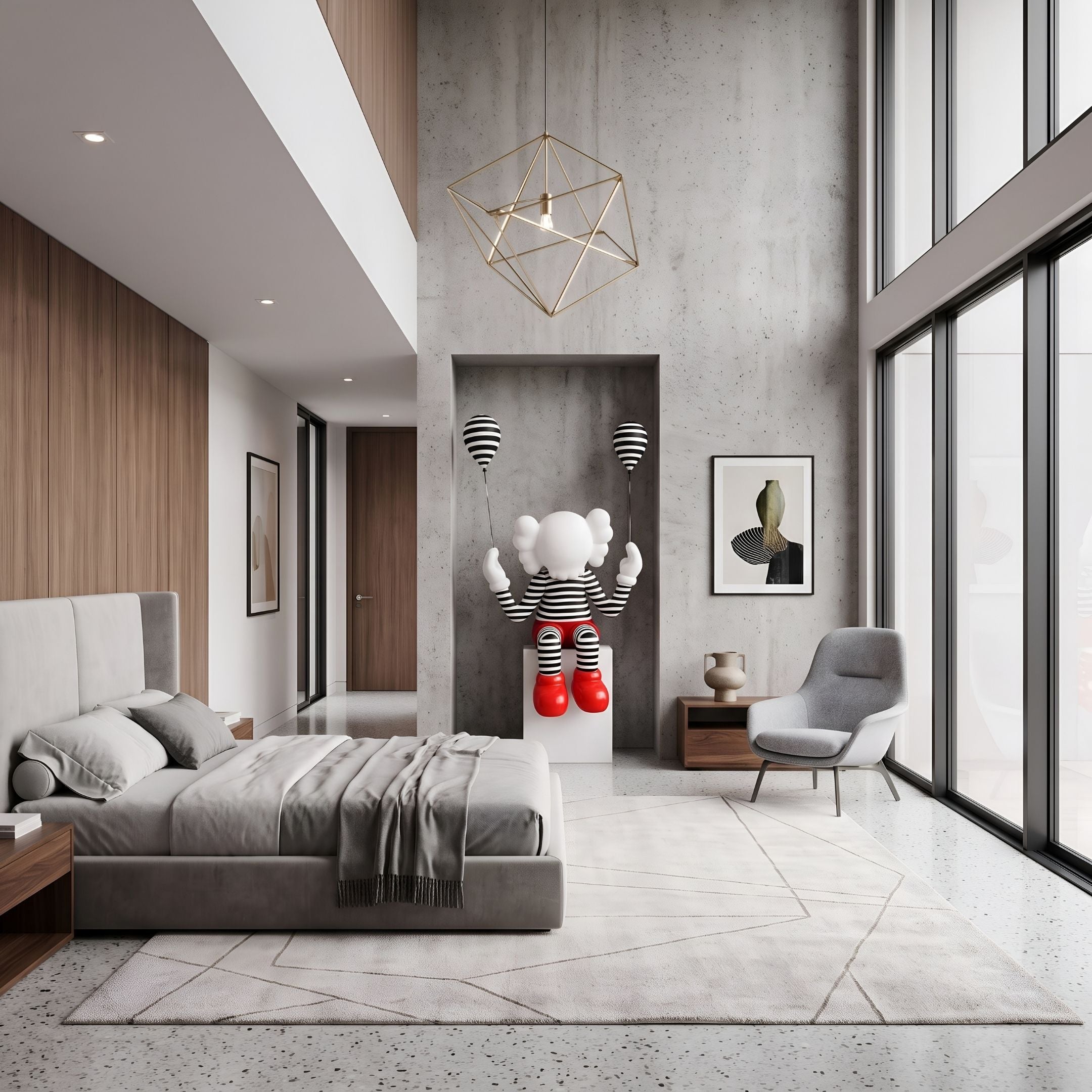 Lustrous Red Iconify Mime Sitting Sculpture, 195cm, in a bedroom on a white cube base with striped balloons beside a grey chair and concrete wall.