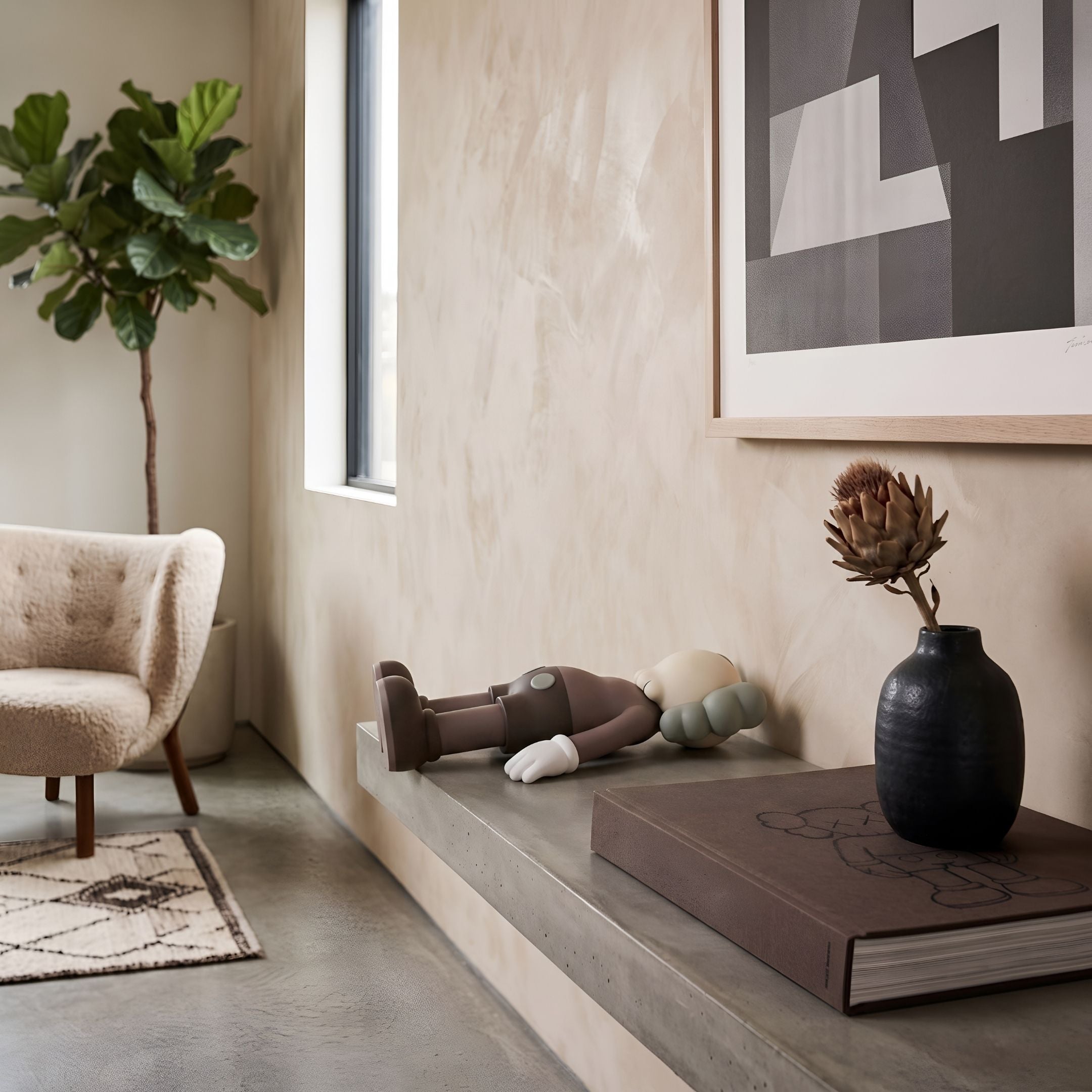Hazelnut Brown Iconify Floating Bath Figure, 20cm, lying on a concrete shelf with white gloves and dark shorts, near a vase and framed wall art.