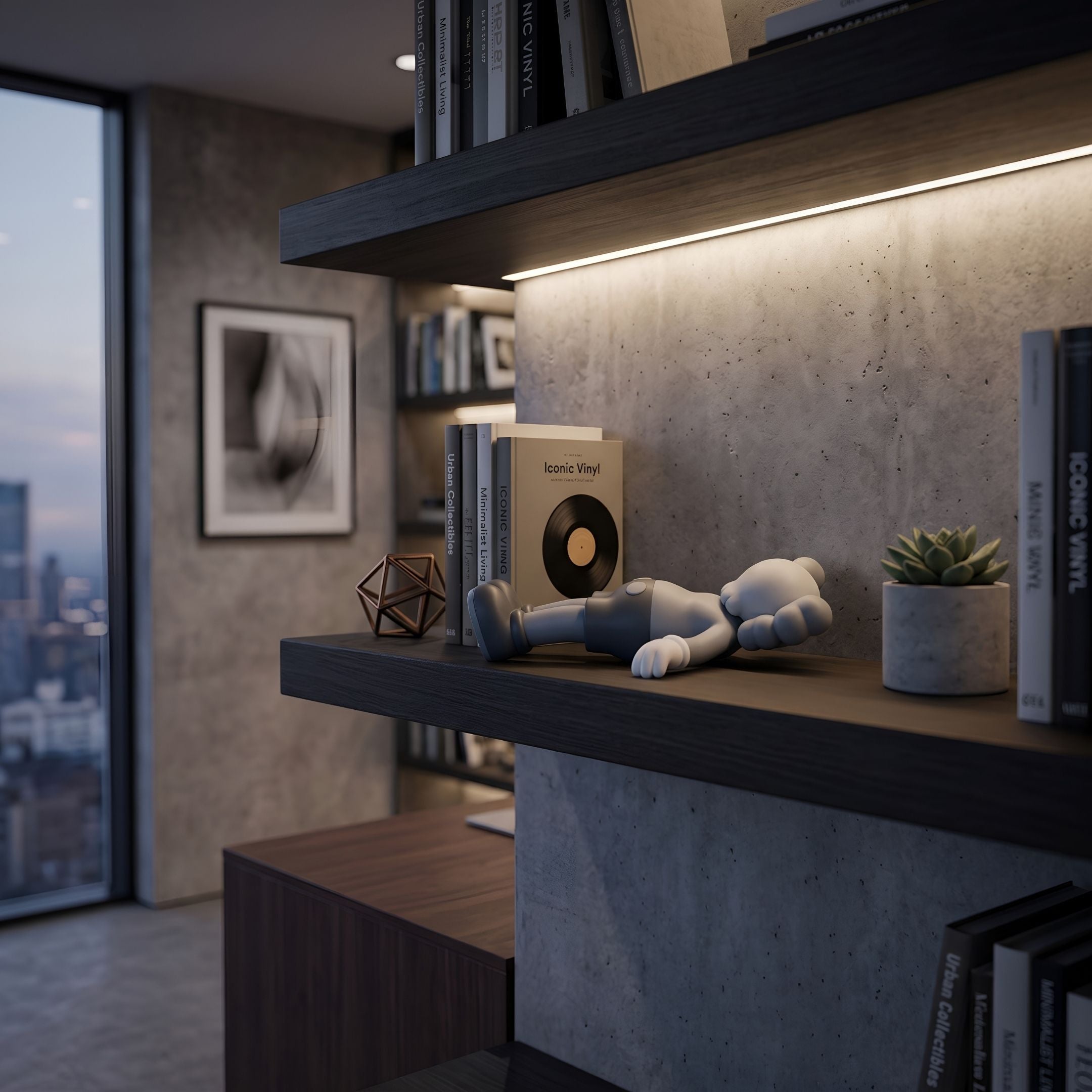 Soft Grey Iconify Floating Bath Figure, 20cm, lying on a dark floating shelf beside vinyl-themed books and a small succulent in a modern living room.