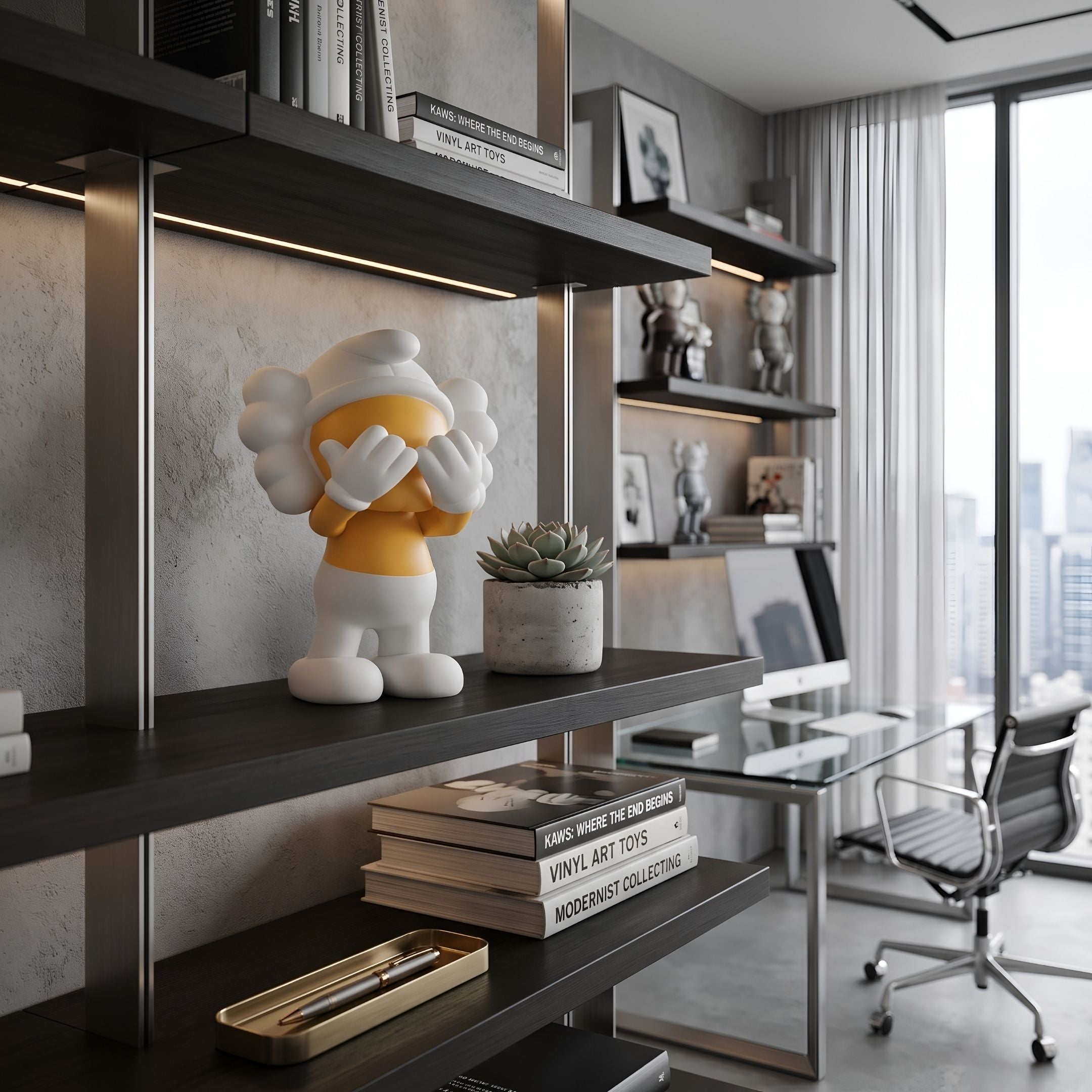Yellow Iconify Peekaboo Figure - 20cm, white and yellow figurine covering face with gloved hands, displayed on a dark wood shelf in a modern office.