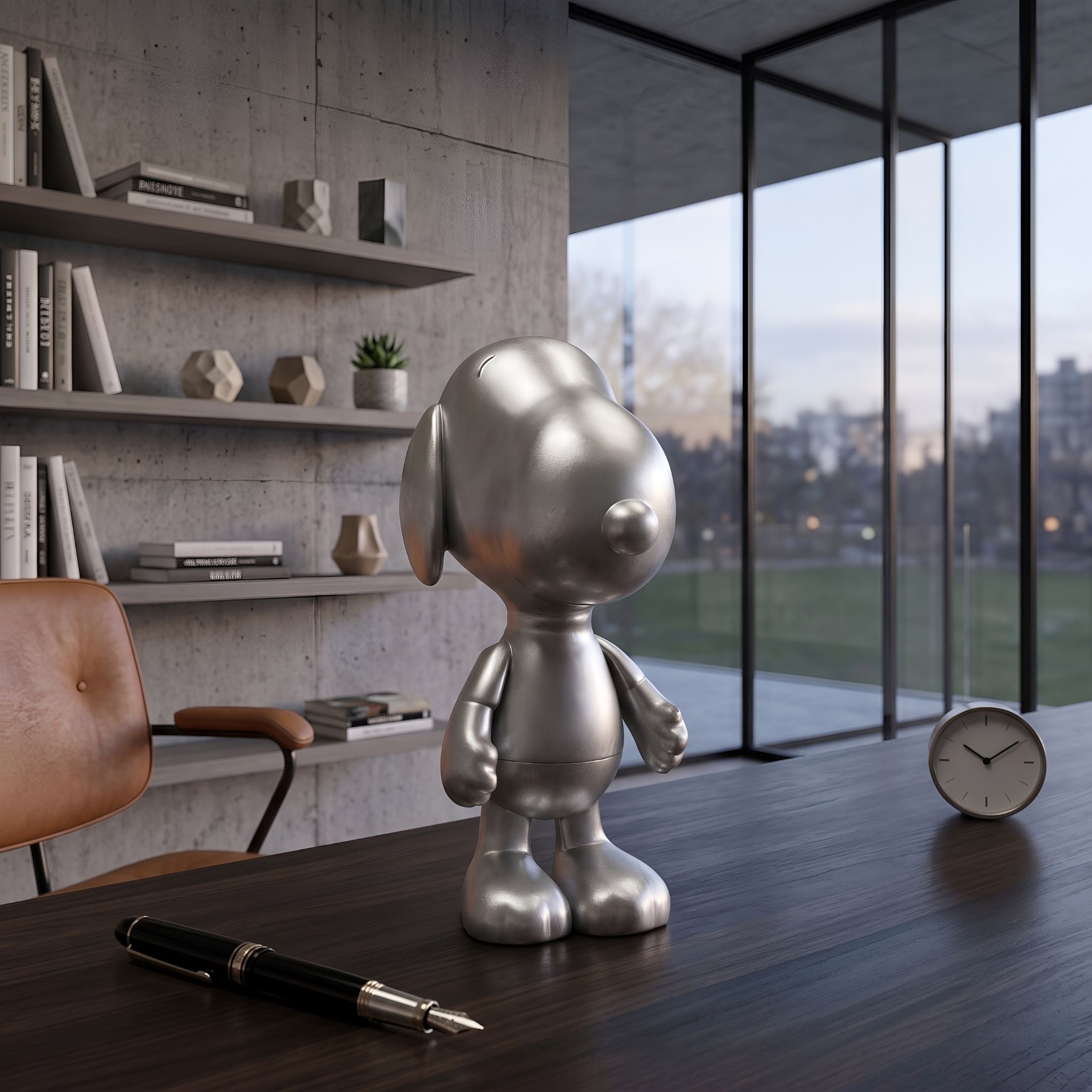 Titanium Slate Iconify Puppy Figure, 20cm silver metallic puppy sculpture on a dark desk in an office with bookshelves and floor-to-ceiling windows.
