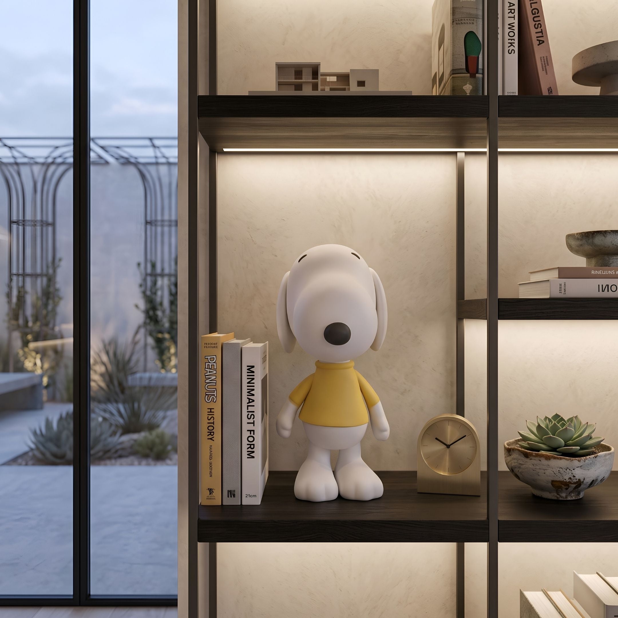 White Iconify Puppy Figure - 20cm, white puppy sculpture with yellow shirt, displayed on a dark shelf beside books and a small clock.