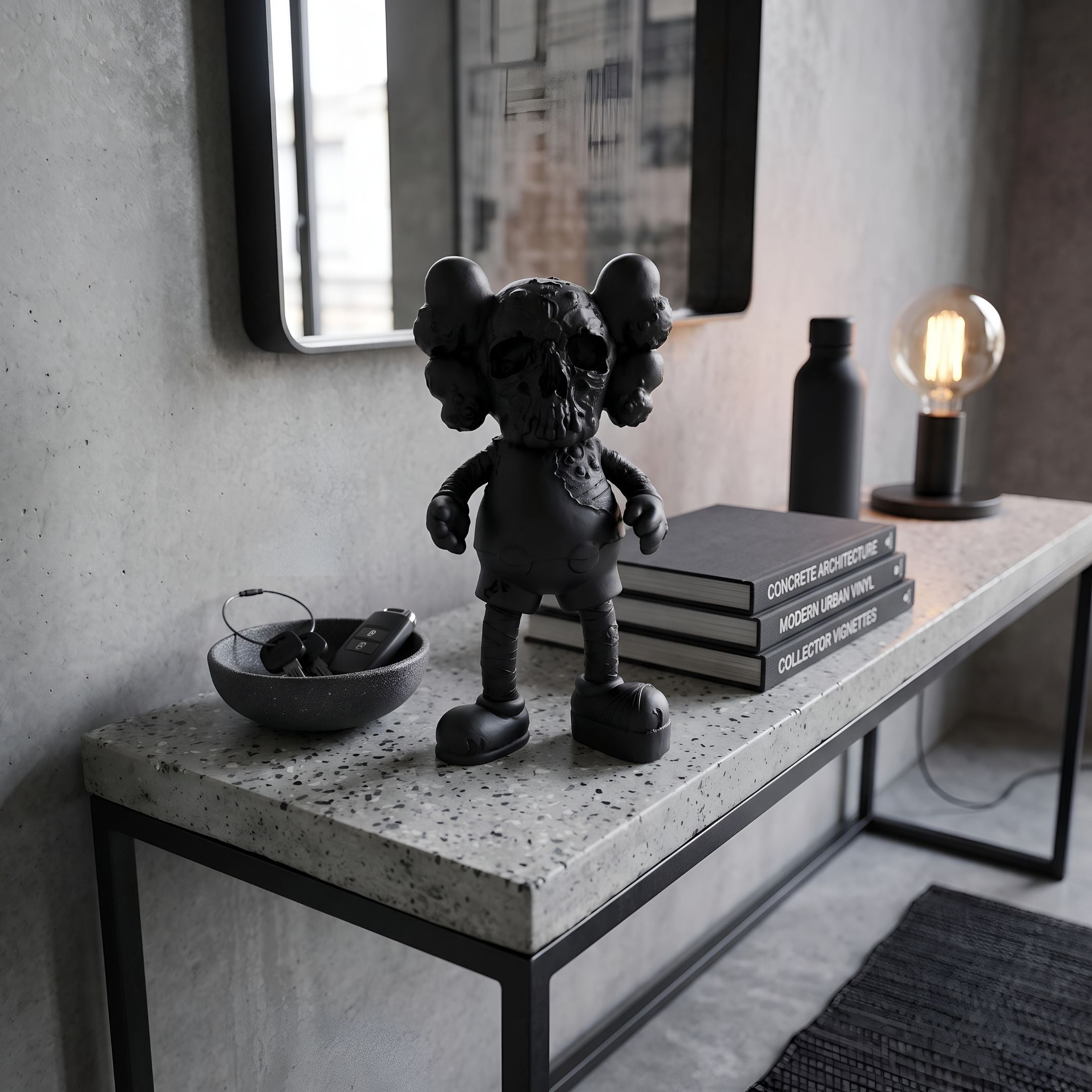 Midnight Black Iconify Scar Figure, 20cm, on a terrazzo console table beside stacked books, a bottle, and a lit table lamp against a concrete wall.