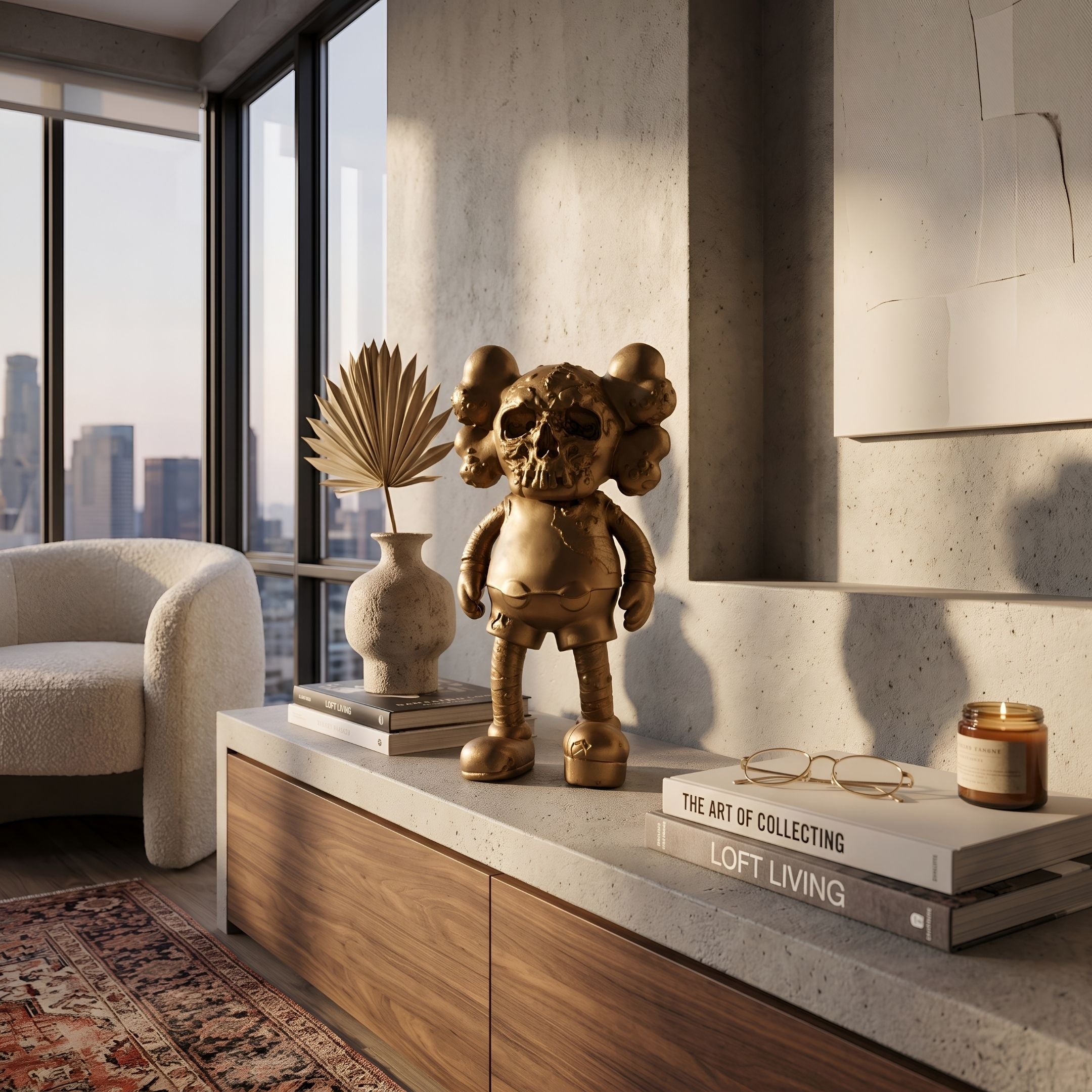 Antique Brushed Gold Iconify Scar Figure, 20cm, displayed on a concrete console beside books and a vase in a modern living room with city-view windows.