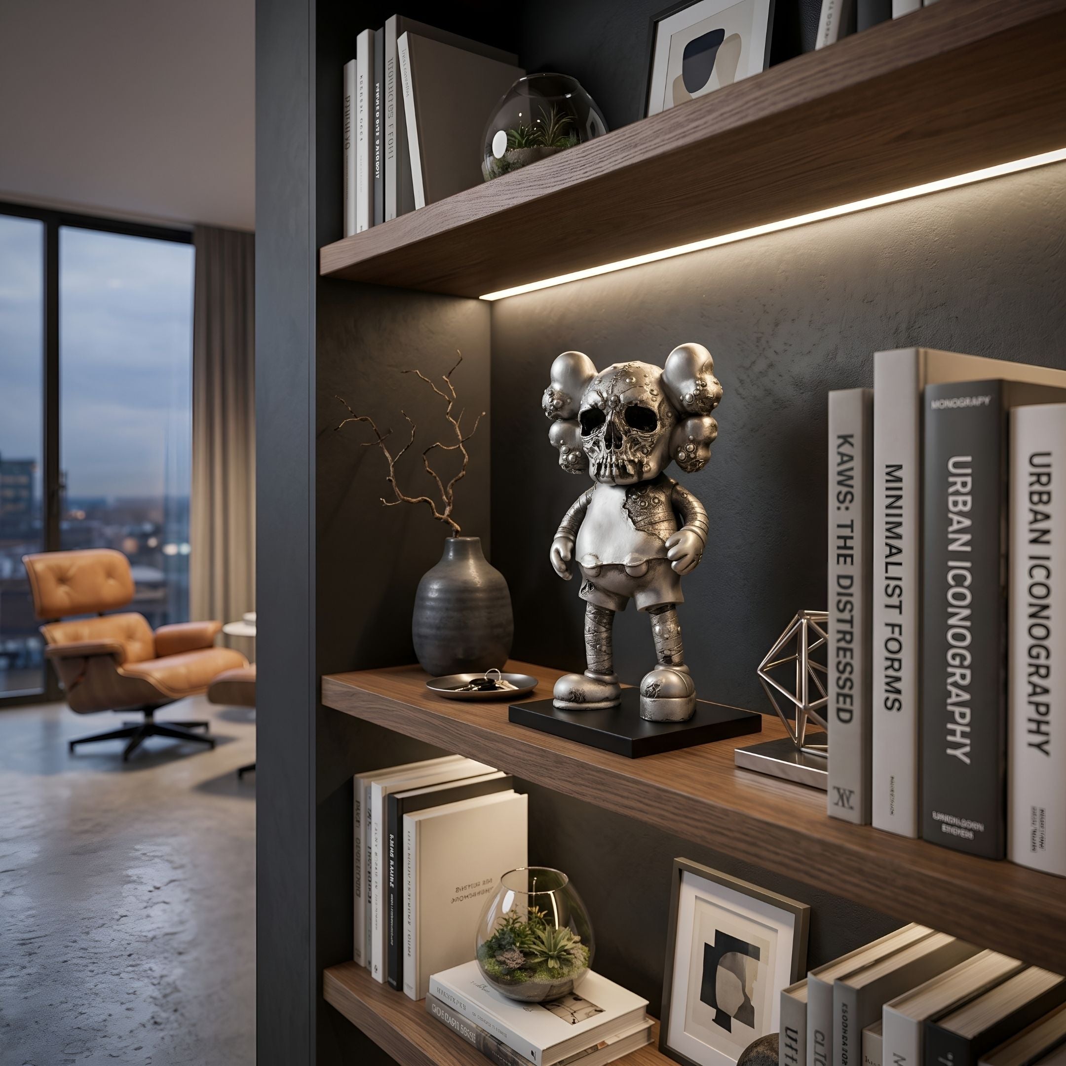 Weathered Silver Iconify Scar Figure, 20cm, on a wooden bookshelf with books, plants, and a vase in a modern living room setting.