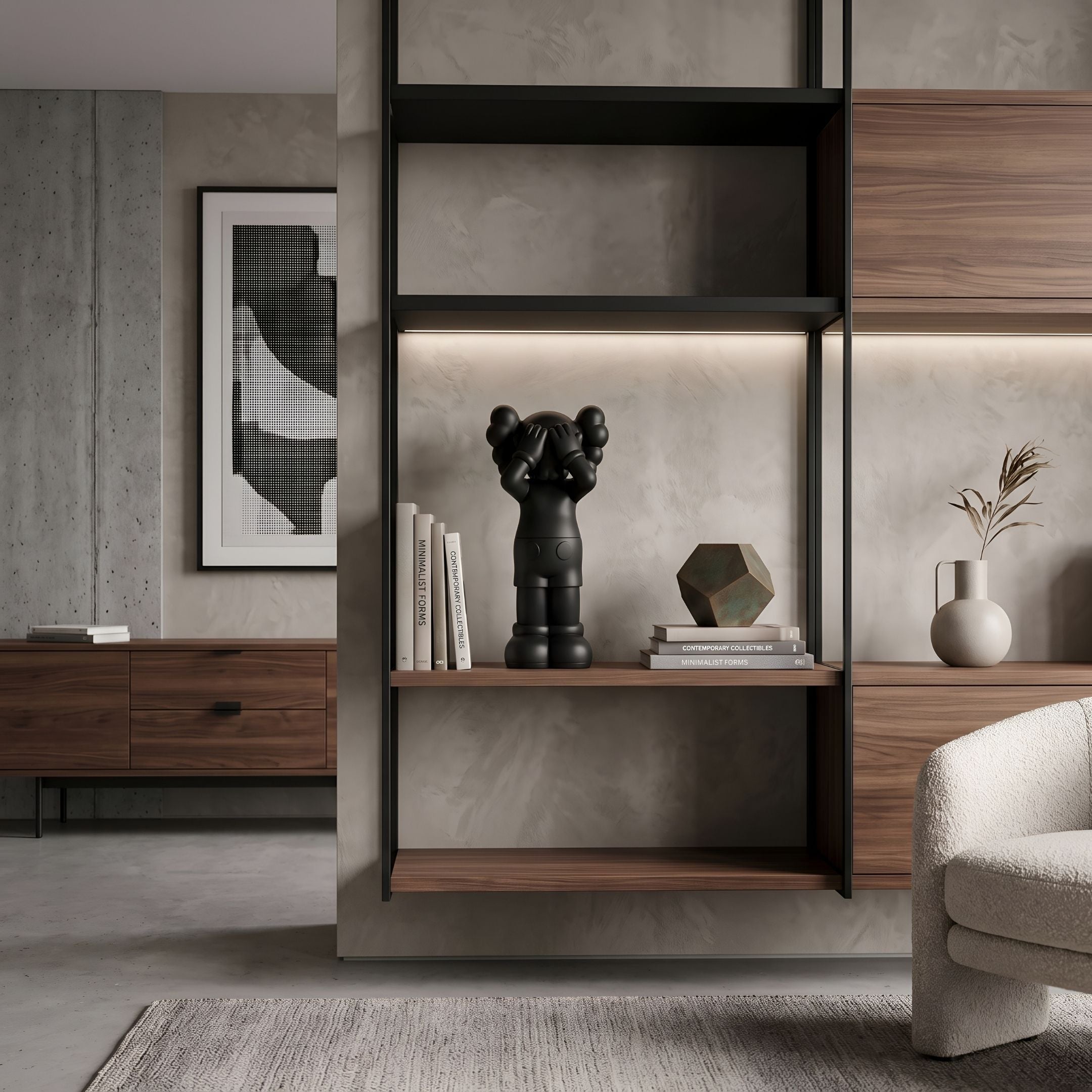 Midnight Black Iconify Silent Cry Figure, 20cm, on a wooden shelf beside books and a geometric sculpture in a modern living room.