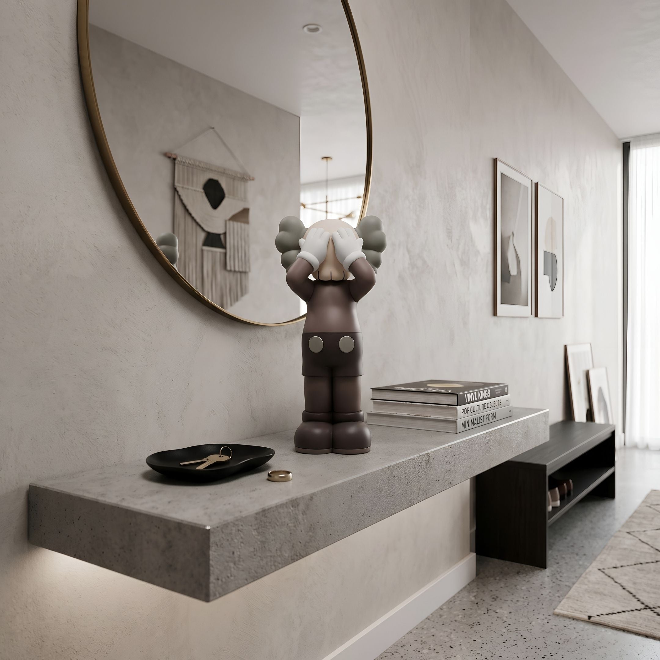 Hazelnut Brown Iconify Silent Cry Figure, 20cm, on a floating console shelf beneath a round mirror in a modern entryway.