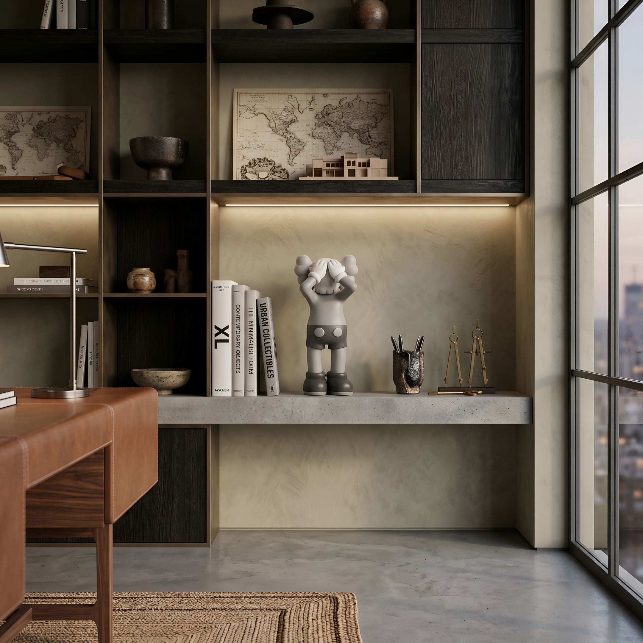 Soft Grey Iconify Silent Cry Figure - 20cm, gloved hands covering eyes, on a home office shelf beside books and a KAWS-style display.