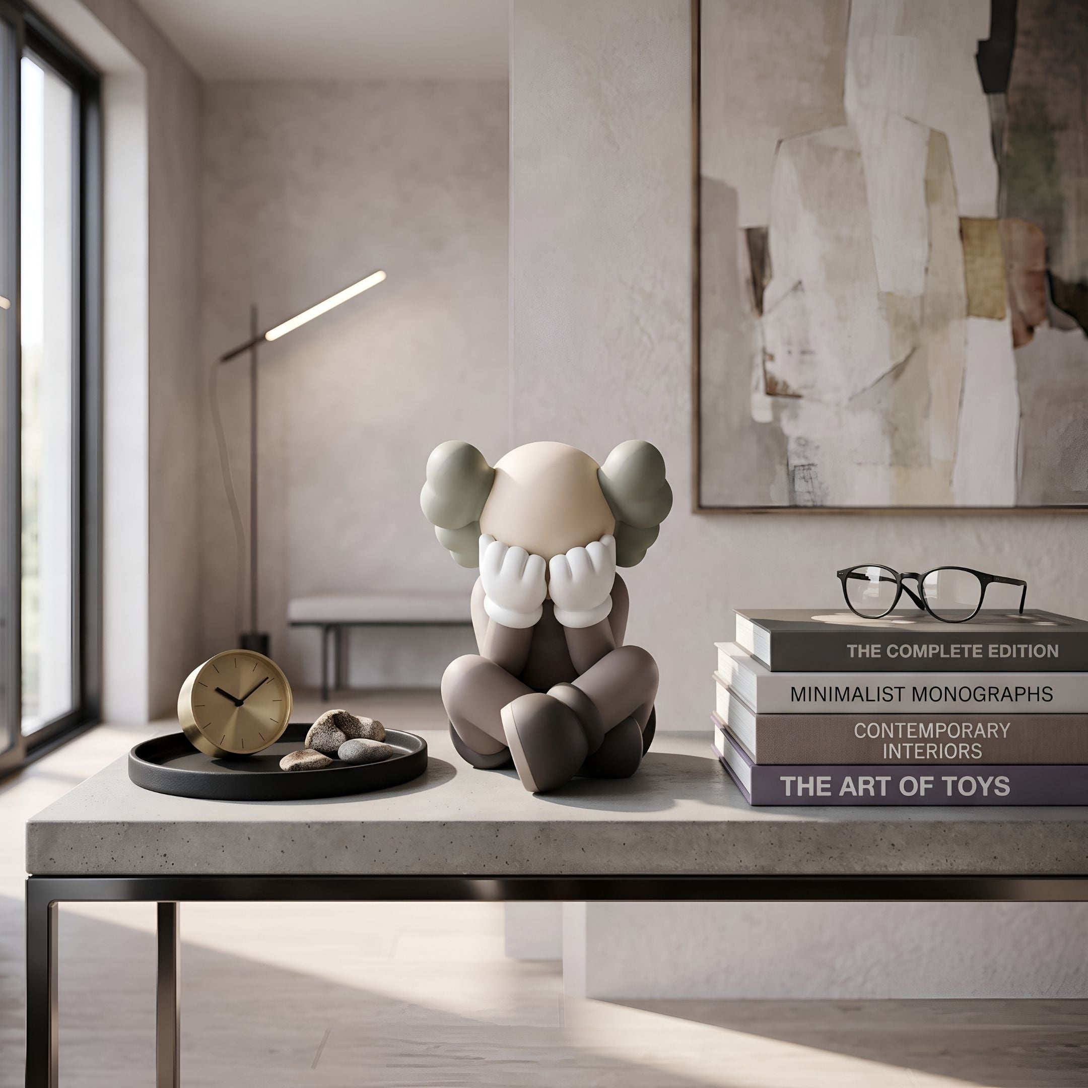 Hazelnut Brown Iconify Sorrow Figure, 20cm, seated with hands covering its face, on a coffee table beside books, glasses, and a clock in a modern living room.