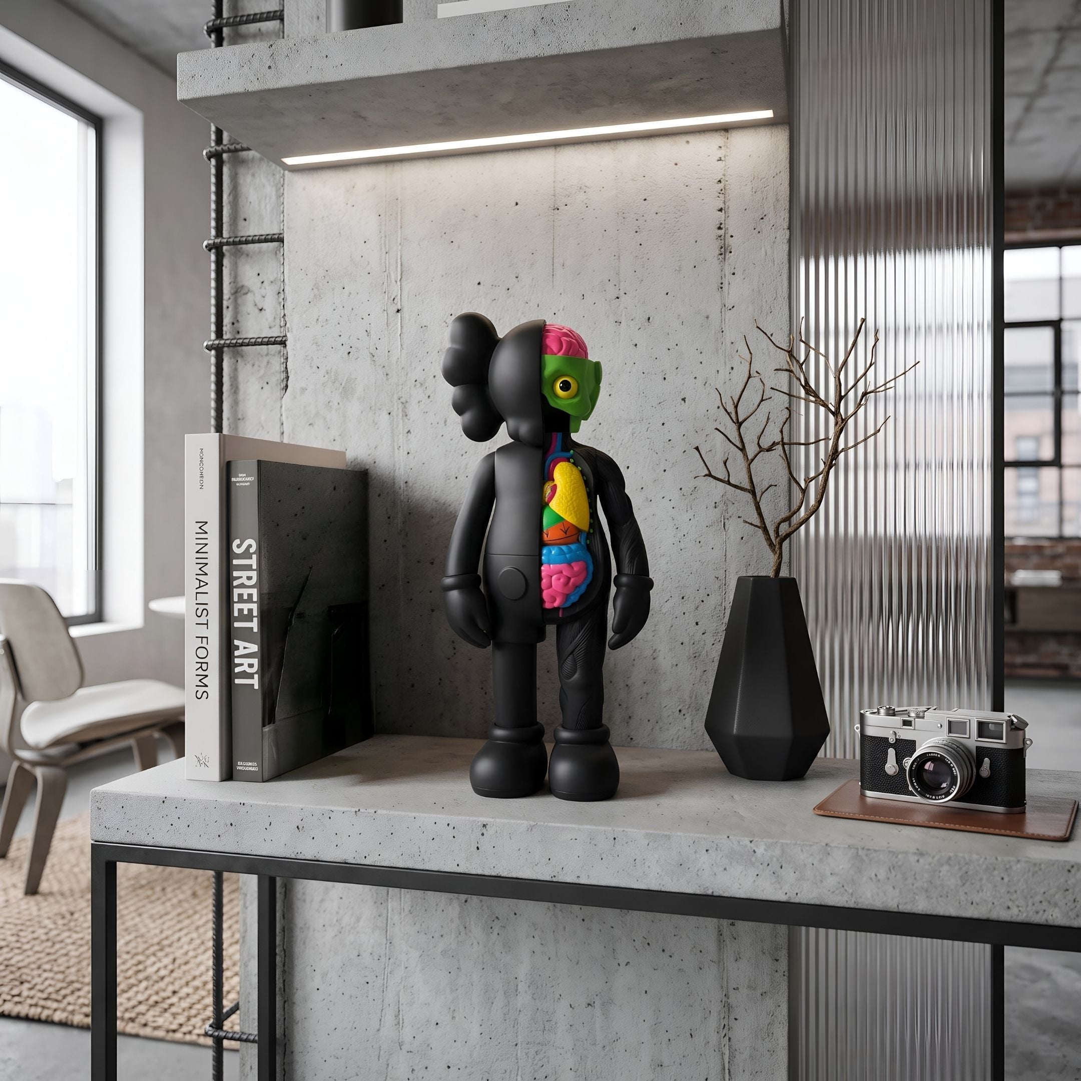 Midnight Black Iconify Anatomy Figure, 20cm, displayed on a concrete shelf beside books, a dark vase, and a camera in a modern interior.