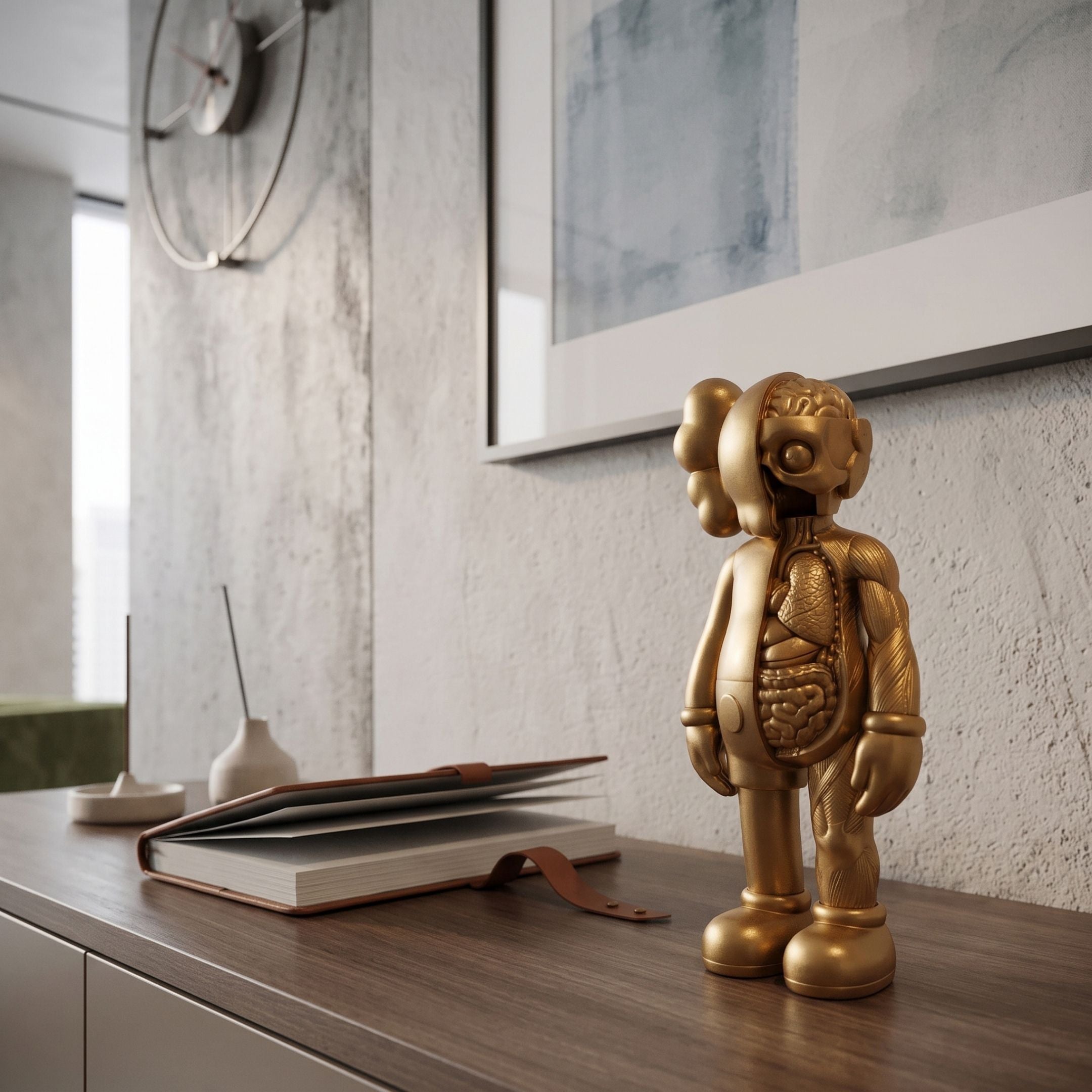 Antique Brushed Gold Iconify Anatomy Figure, 20cm, with exposed anatomical detailing, displayed on a wooden sideboard near a book and wall clock.