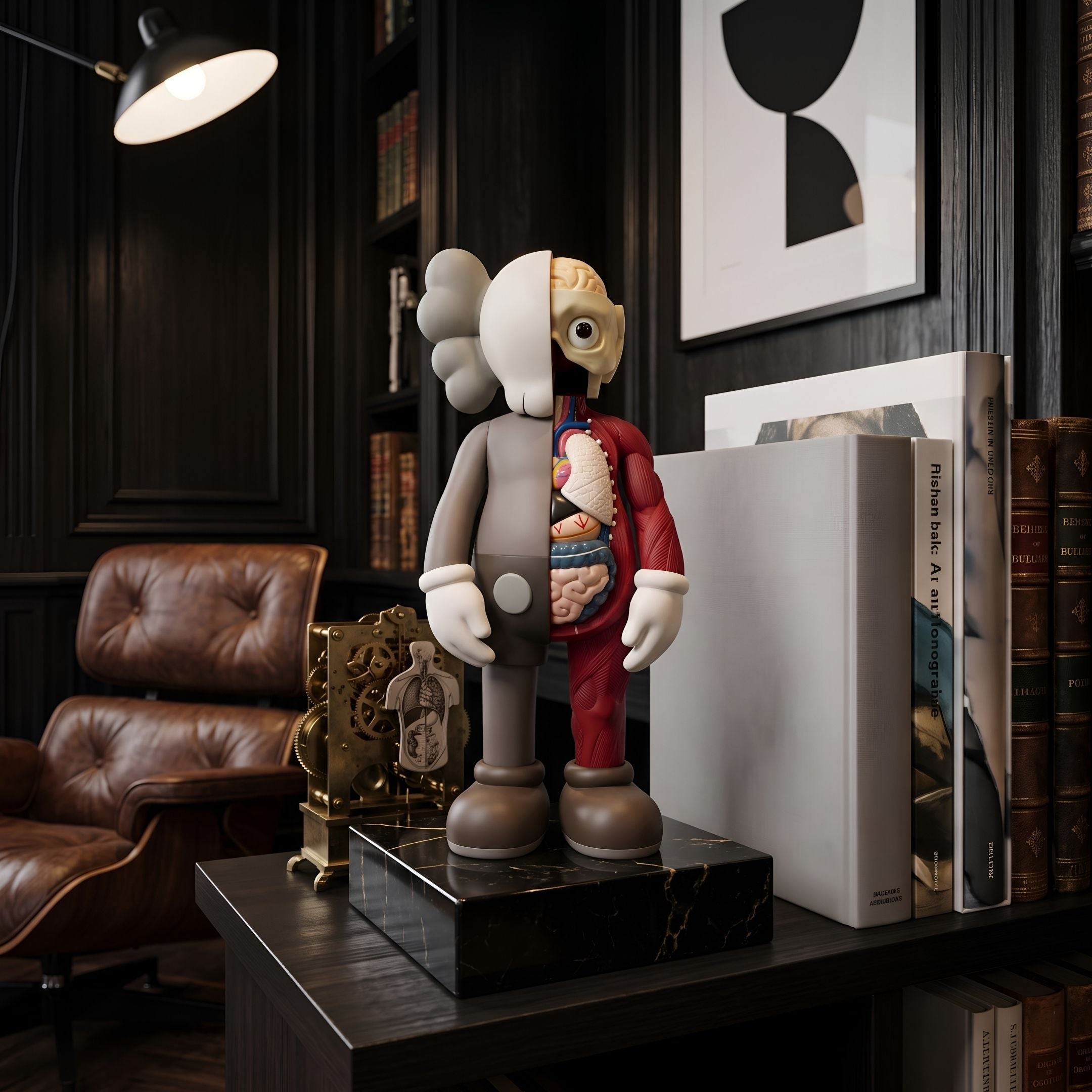 Hazelnut Brown Iconify Anatomy Figure, 20cm, on a marble base beside a bookshelf and leather armchair, one side showing brown exterior, the other an anatomical cross-section in red, grey and white.