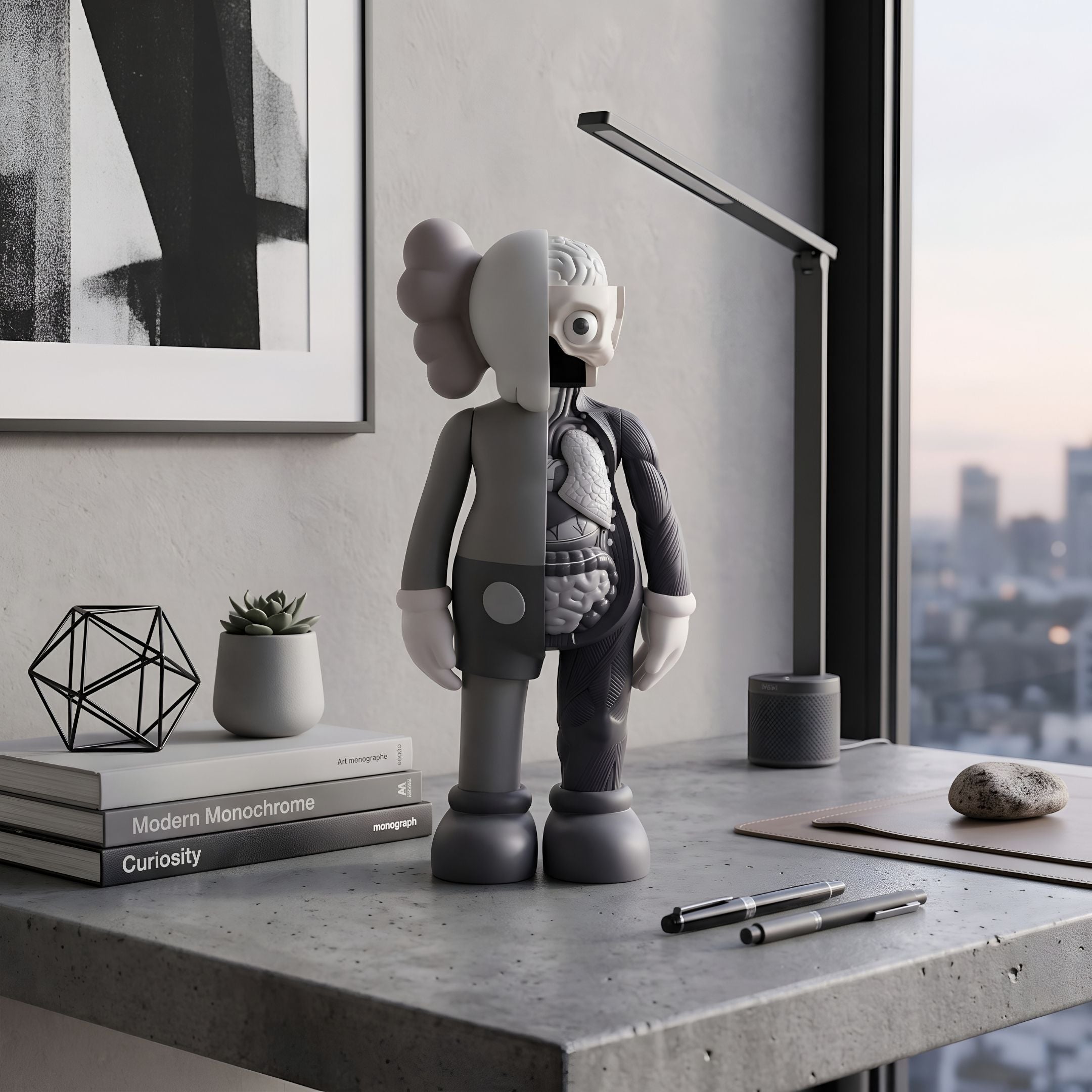 Slate Grey Iconify Anatomy Figure (20cm) by Giant Sculptures, half-solid half-anatomical design, displayed on a concrete desk beside books, a lamp, and a city view.