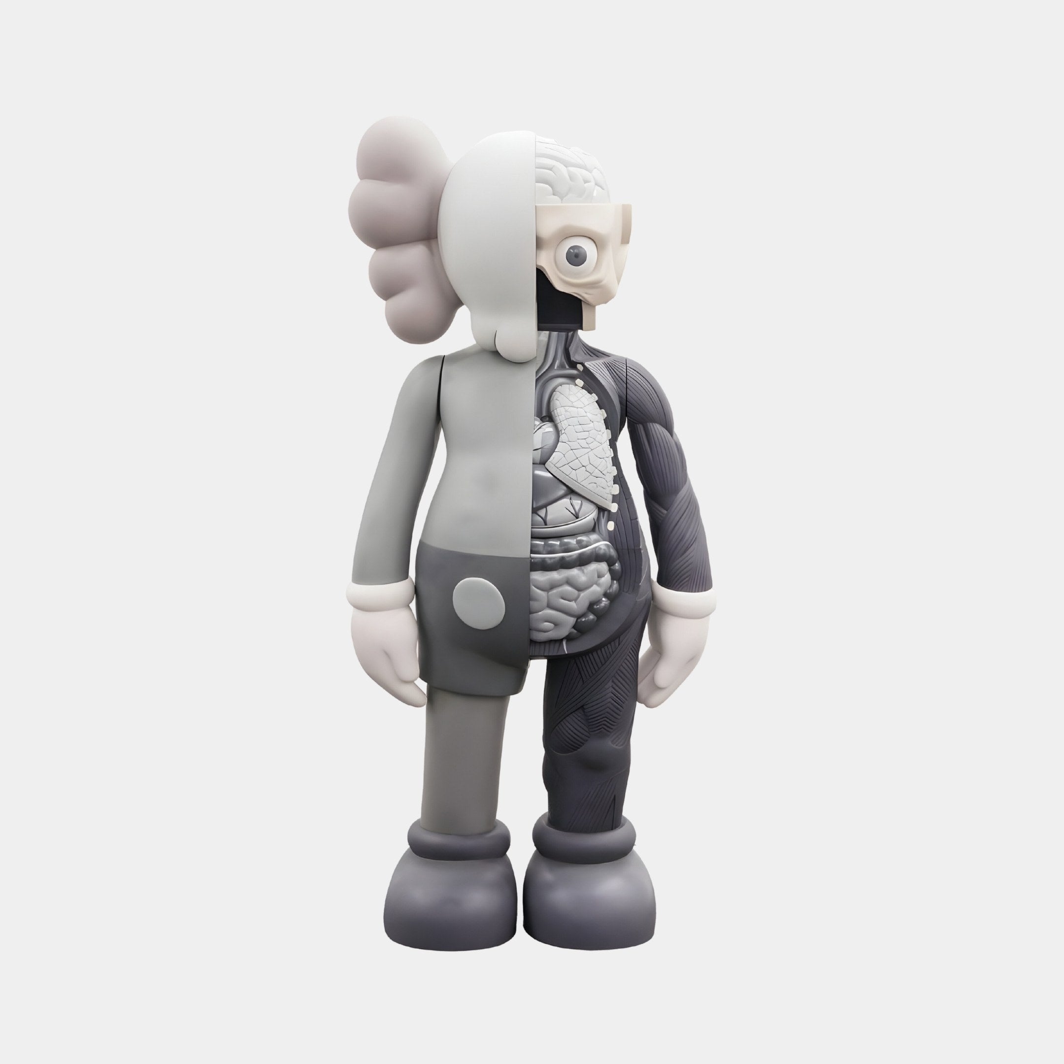 The 20cm Slate Grey Iconify Anatomy Figure by Giant Sculptures is a stylized resin art piece, upright in Slate Grey. It combines a cartoon-like left side with smooth surfaces and an anatomically detailed right, showcasing organs and muscles. Ideal for modern décor aficionados.