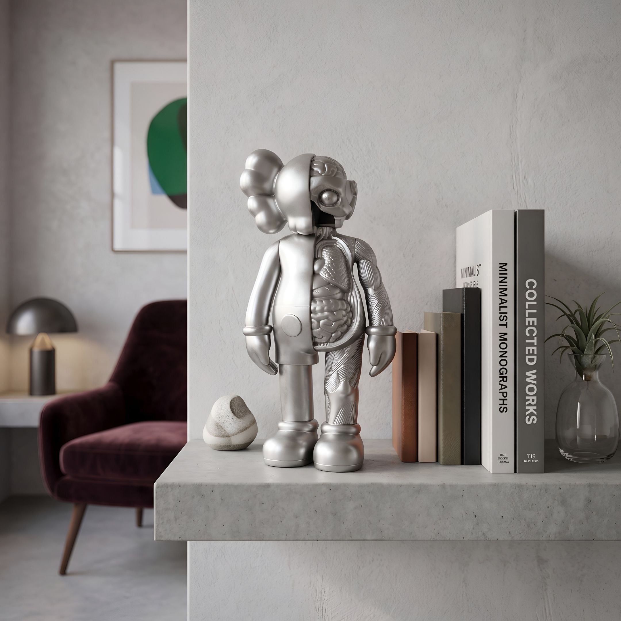 Titanium Slate Iconify Anatomy Figure, 20cm silver bisected-anatomy sculpture displayed on a floating shelf beside books, near a burgundy armchair.