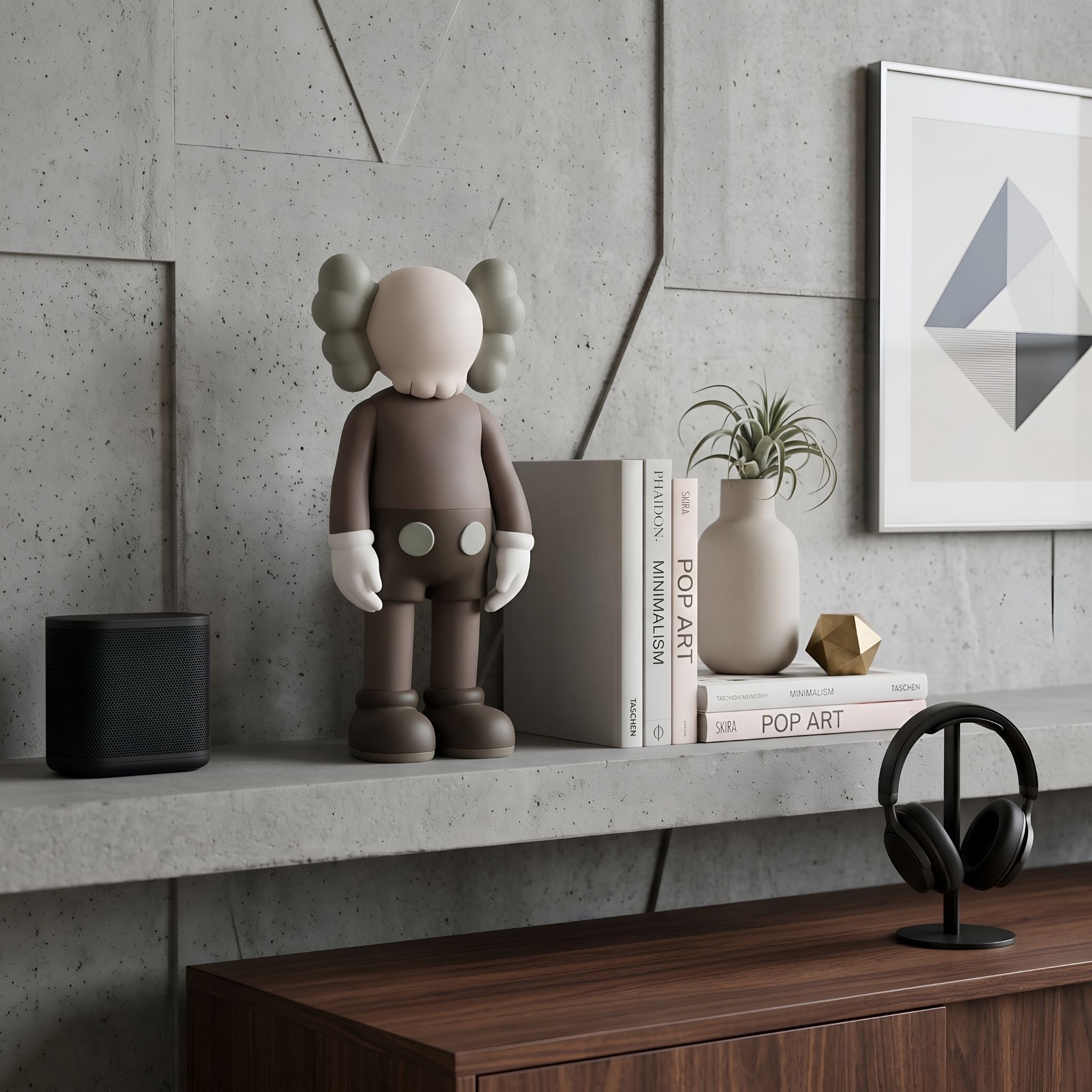 Hazelnut Brown Iconify Standing Figure, 20cm polyvinyl sculpture on a concrete shelf beside books, a vase, and a black speaker.
