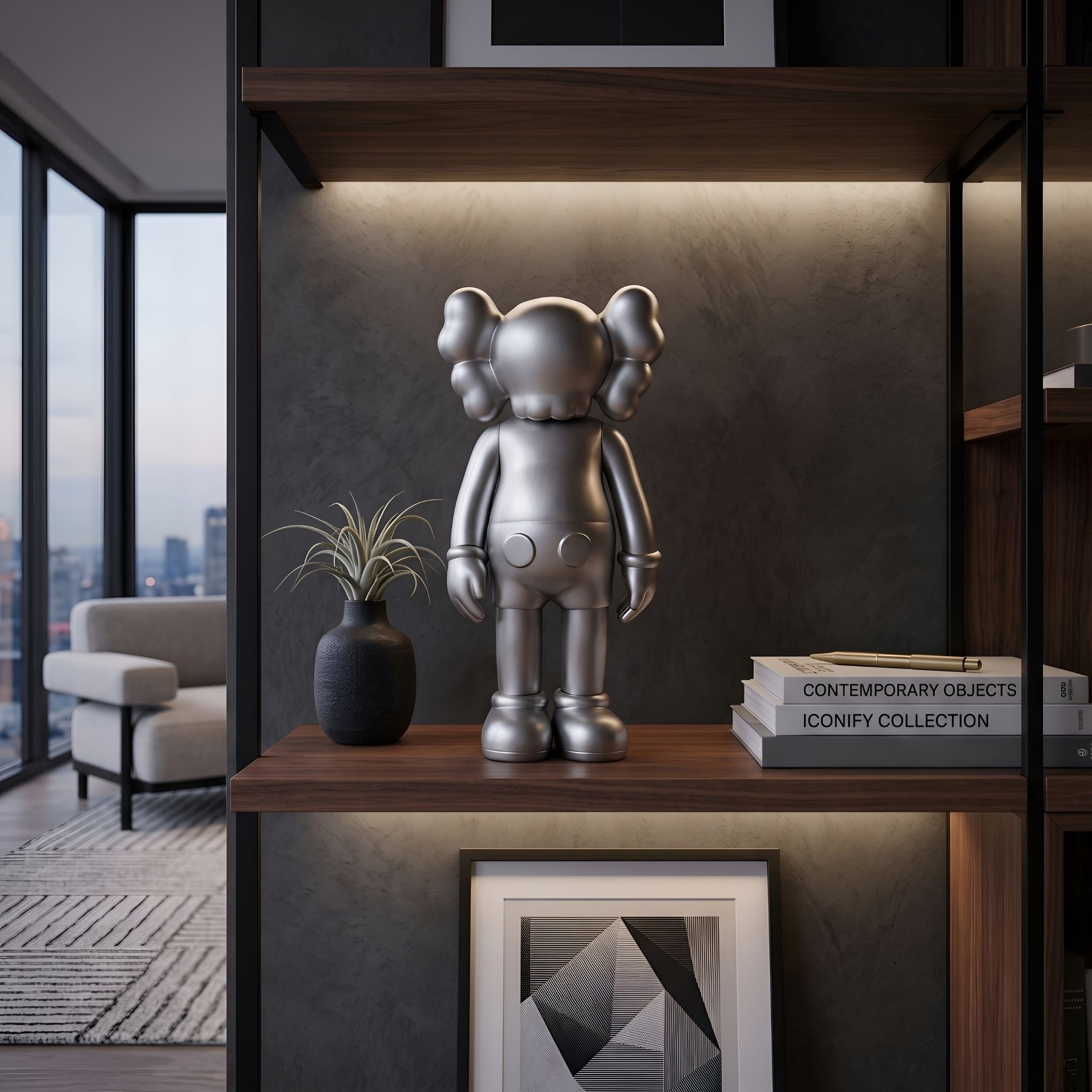 Titanium Slate Iconify Standing Figure - 20cm in metallic silver on a wood shelf, styled with books, a black vase, and framed wall art.