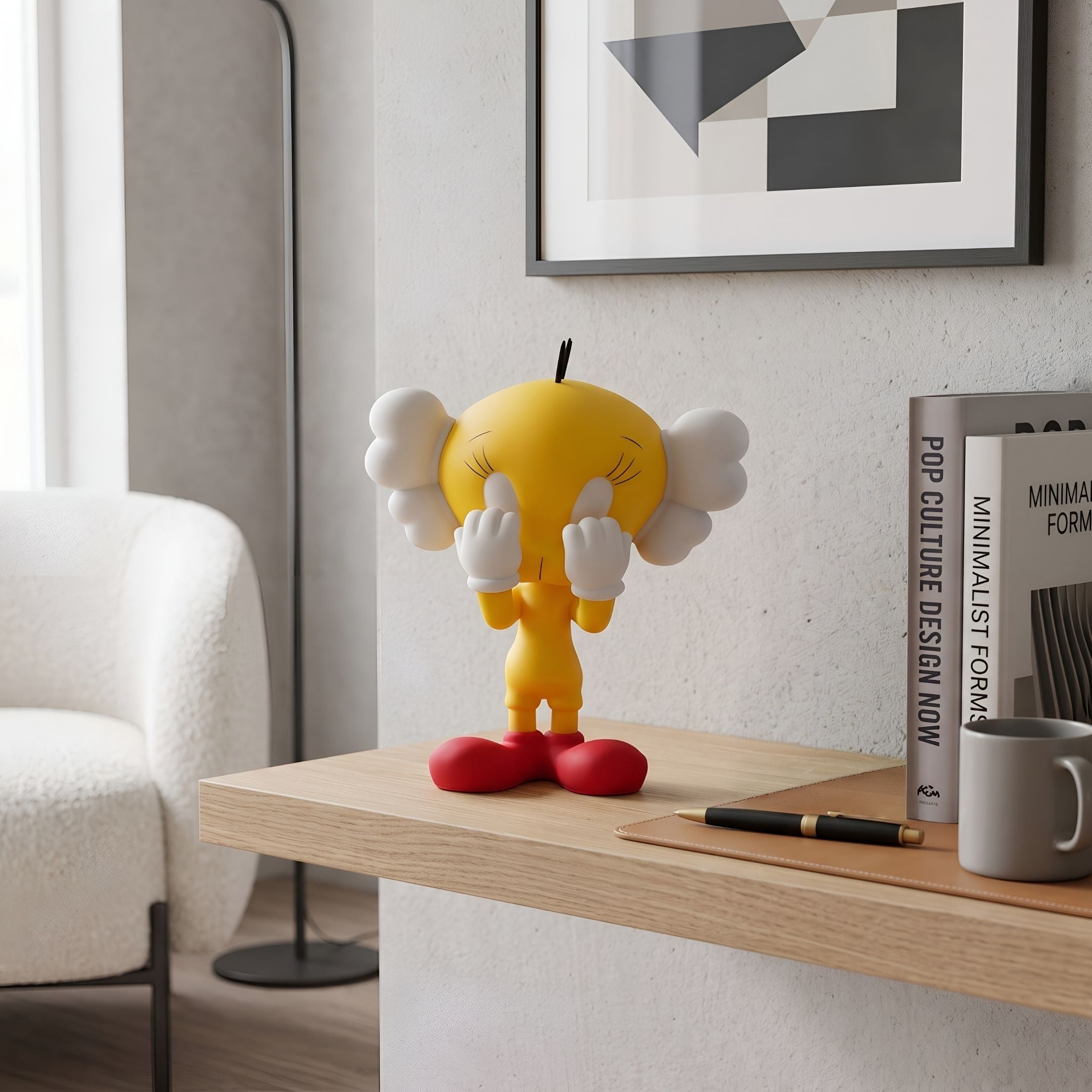 Yellow Iconify Tweeto Figure - 20cm by Giant Sculptures, shown on a wooden shelf with red shoes, white ears and gloves, near books and framed wall art.