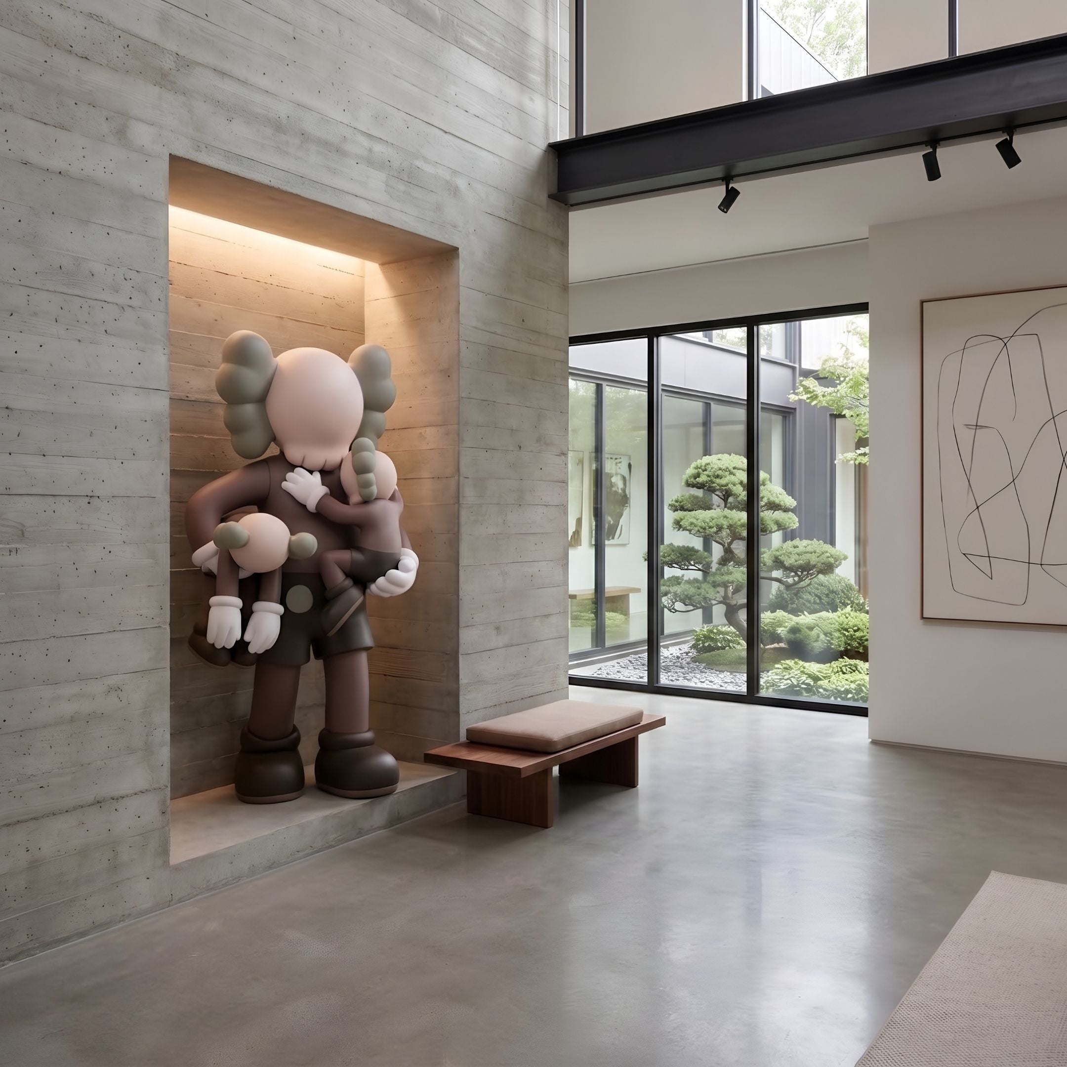Hazelnut Brown Iconify Family Sculpture, 200cm, by Giant Sculptures, shown in a concrete wall niche beside a wooden bench in a modern entryway.