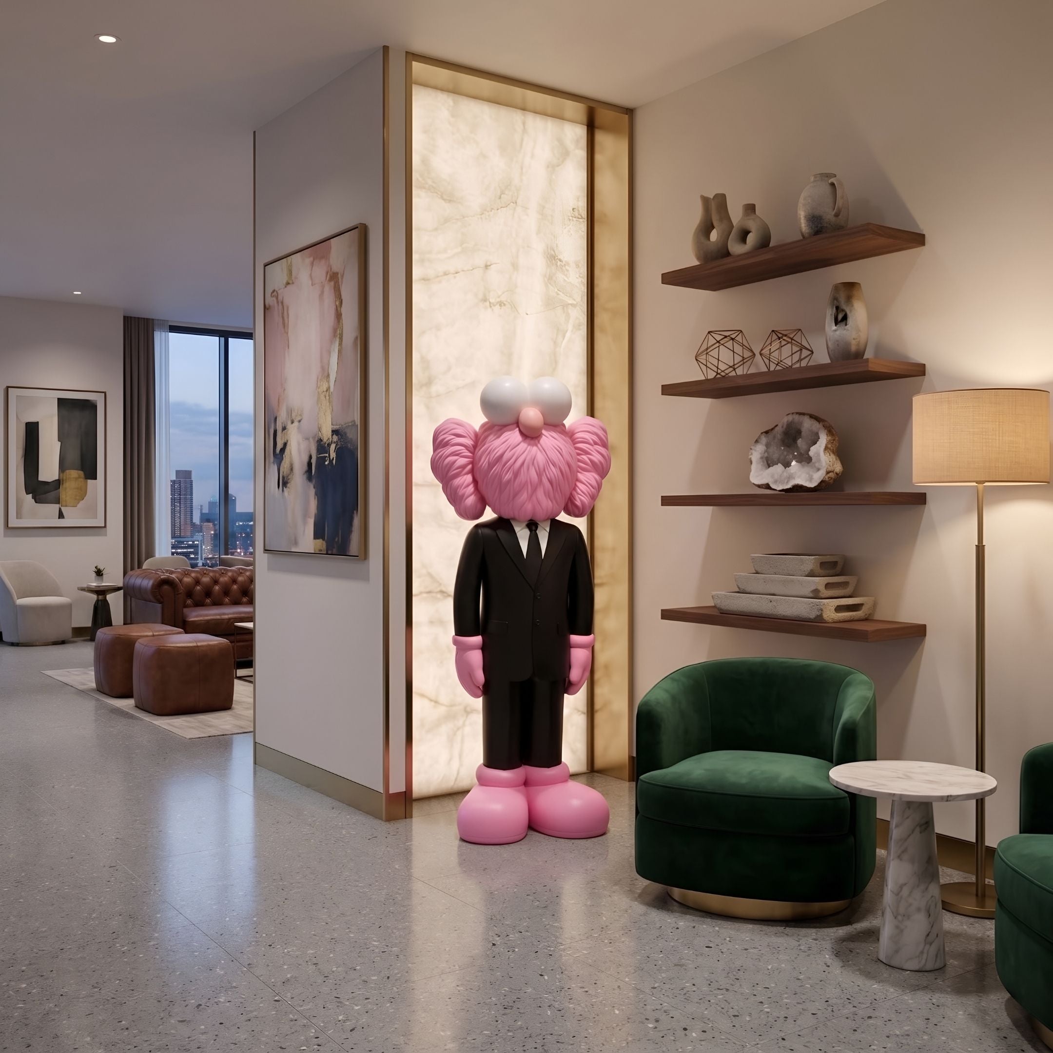 Black Suit Iconify CEO Sculpture, 200cm, pink resin figure in tailored black suit, shown in a living room beside a green armchair and wooden shelving.
