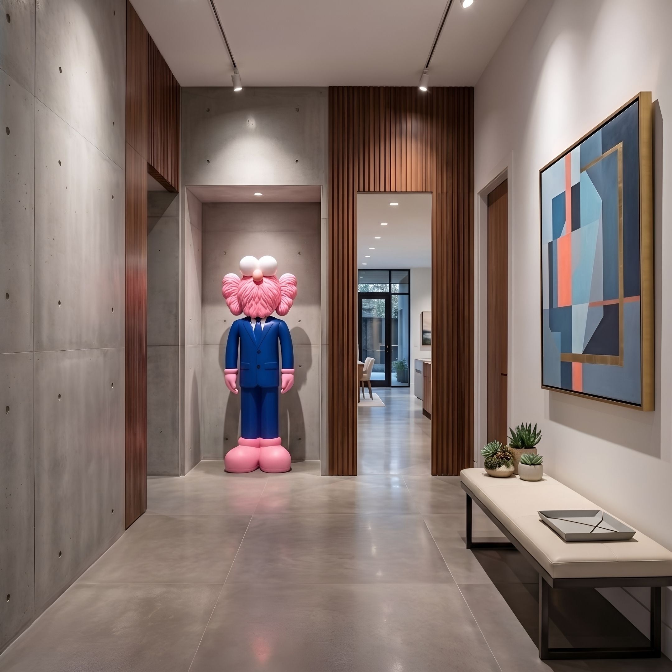 Cobalt Blue Suit Iconify CEO Sculpture, 200cm, pink fuzzy head figure in a wall niche within a modern hallway near a bench and abstract art.