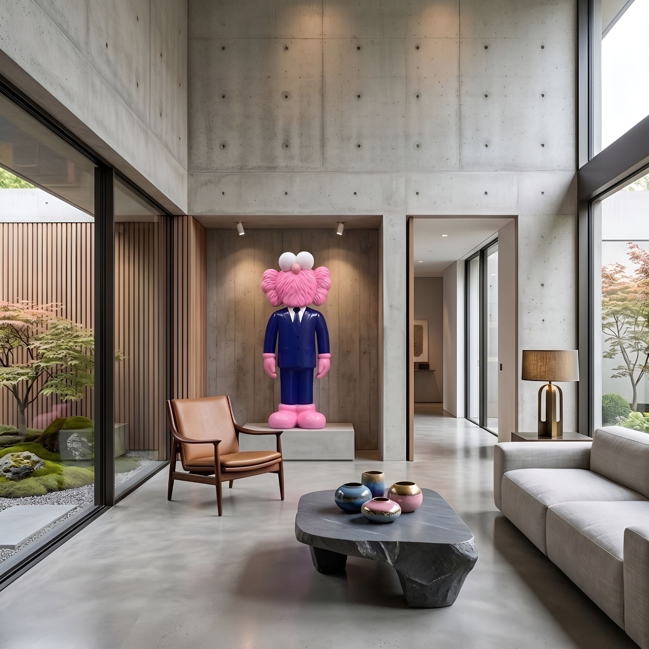 Deep Navy Blue Suit Iconify CEO Sculpture, 200cm, with pink hair and shoes, displayed on a pedestal in a modern living room with concrete walls and a leather chair.