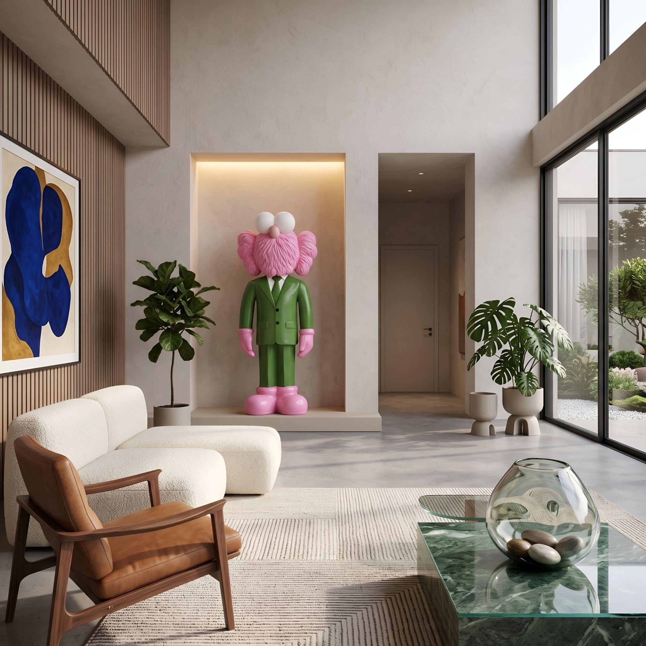 Forest Green Suit Iconify CEO Sculpture, 200cm, pink fluffy-textured figure in a green suit, displayed in a wall niche in a modern living room.