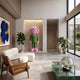 Forest Green Suit Iconify CEO Sculpture, 200cm, pink fluffy-textured figure in a green suit, displayed in a wall niche in a modern living room.