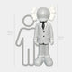 The Giant Sculptures Soft Grey Suit Iconify Director Sculpture features a cartoon-like figure in a white suit and black tie, embodying Modern Pop Art. Standing at 180 cm, it towers over a 160 cm outlined figure with height comparisons given in both centimeters and feet/inches.