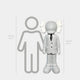 A 150 cm Soft Grey Suit Iconify Director Sculpture by Giant Sculptures, featuring a stylized figure in a white suit and black tie with puffy ears, stands next to a 160 cm gray outline.