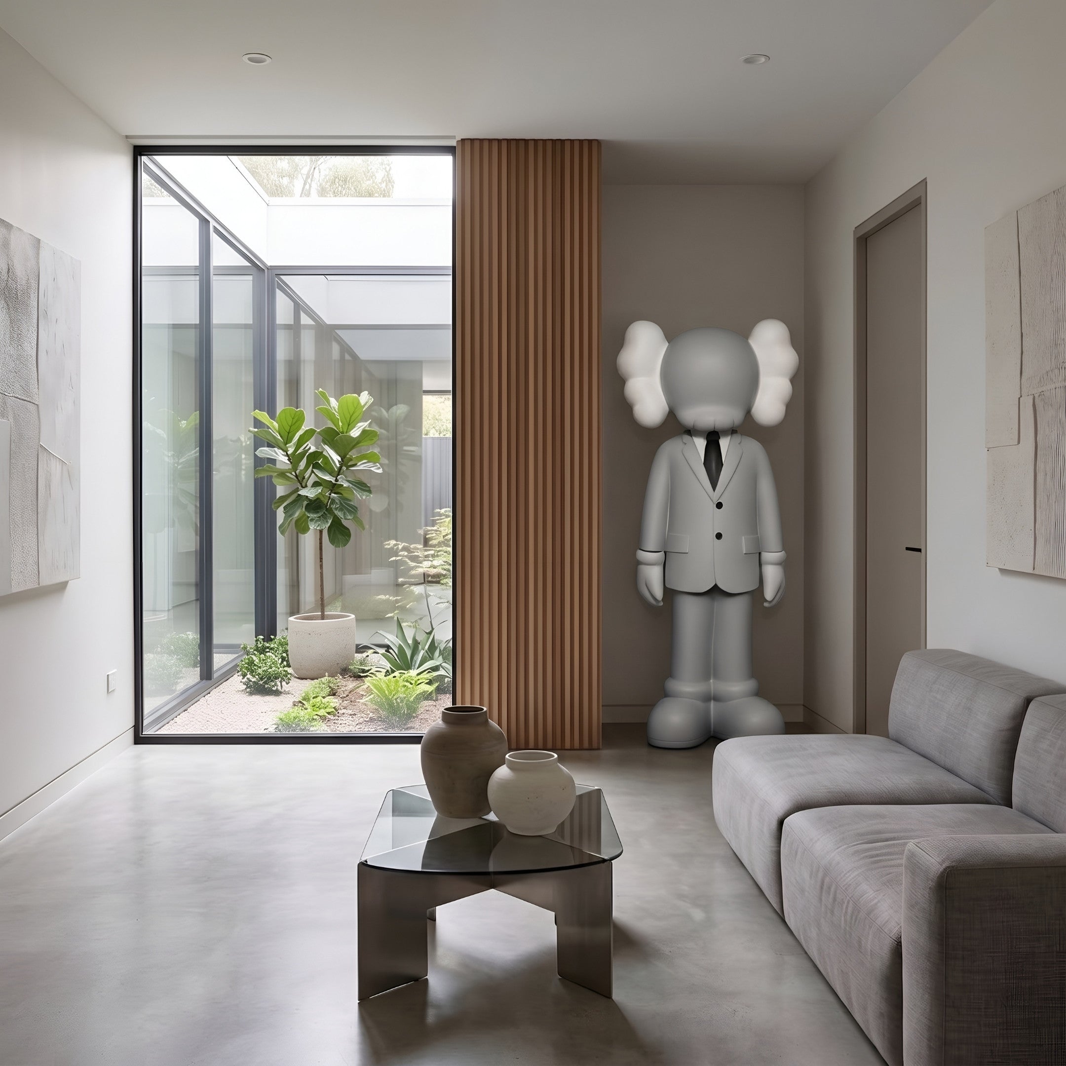 Soft Grey Suit Iconify Director Sculpture, 180cm, standing in a living room beside a grey sofa, glass coffee table, and courtyard window.