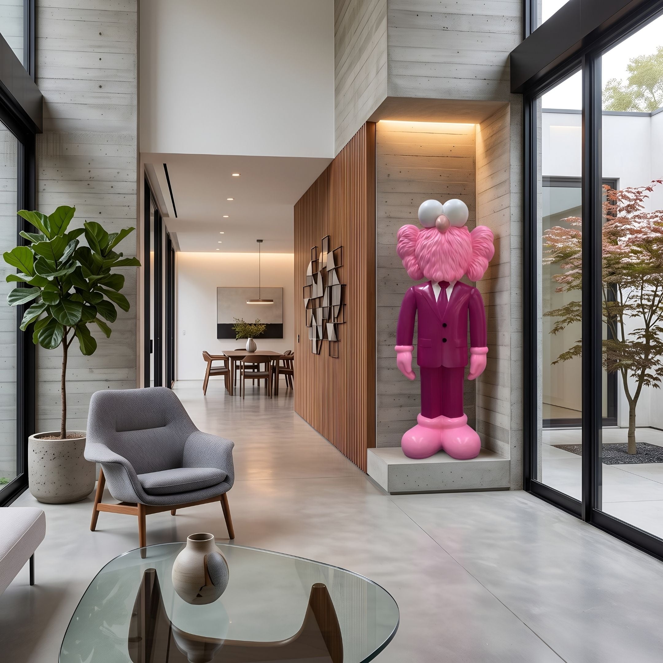Deep Magenta Suit Iconify CEO Sculpture, 200cm, pink resin figure with textured hair on a concrete base in a modern living room hallway.