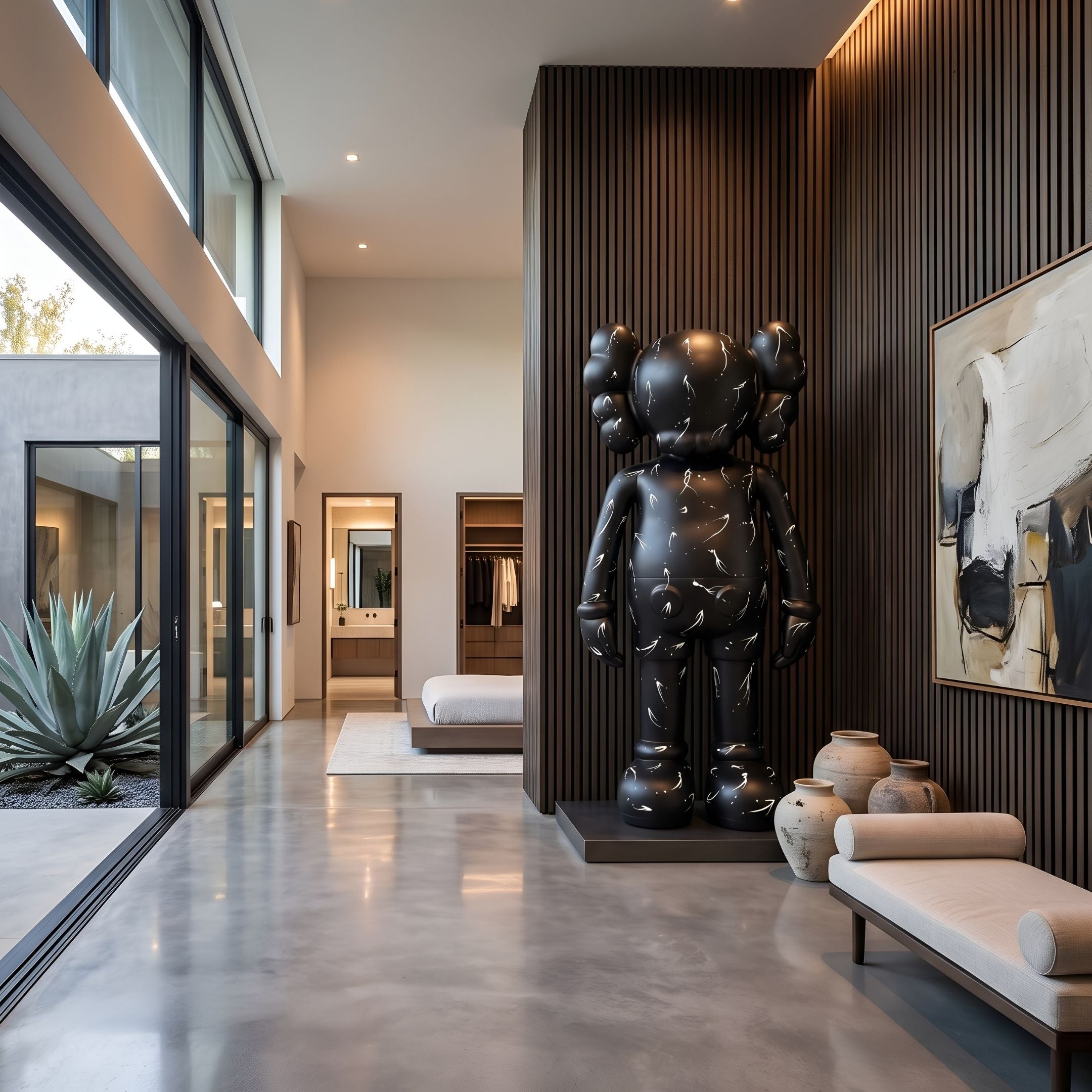 Midnight Black Iconify Standing Sculpture, 220cm, on a plinth against dark wood slat wall in a hallway with ceramic vases and a bench.