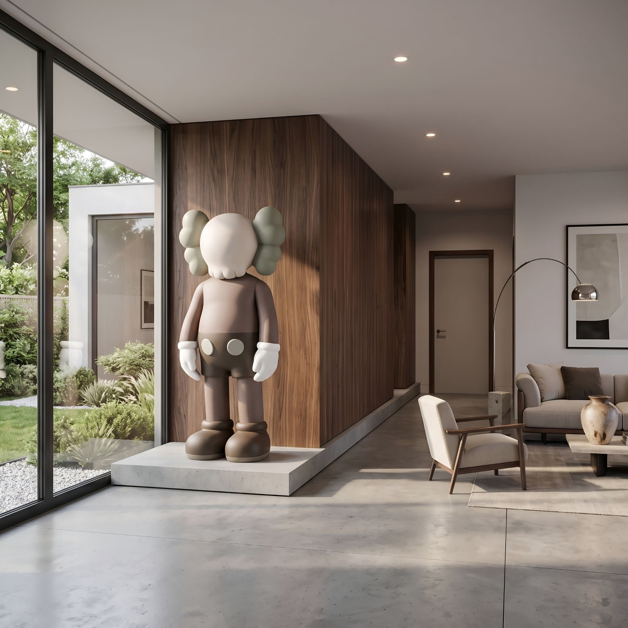 Hazelnut Brown Iconify Standing Sculpture, 220cm, on a stone platform against a walnut wall in a modern living room with a beige armchair and sofa.