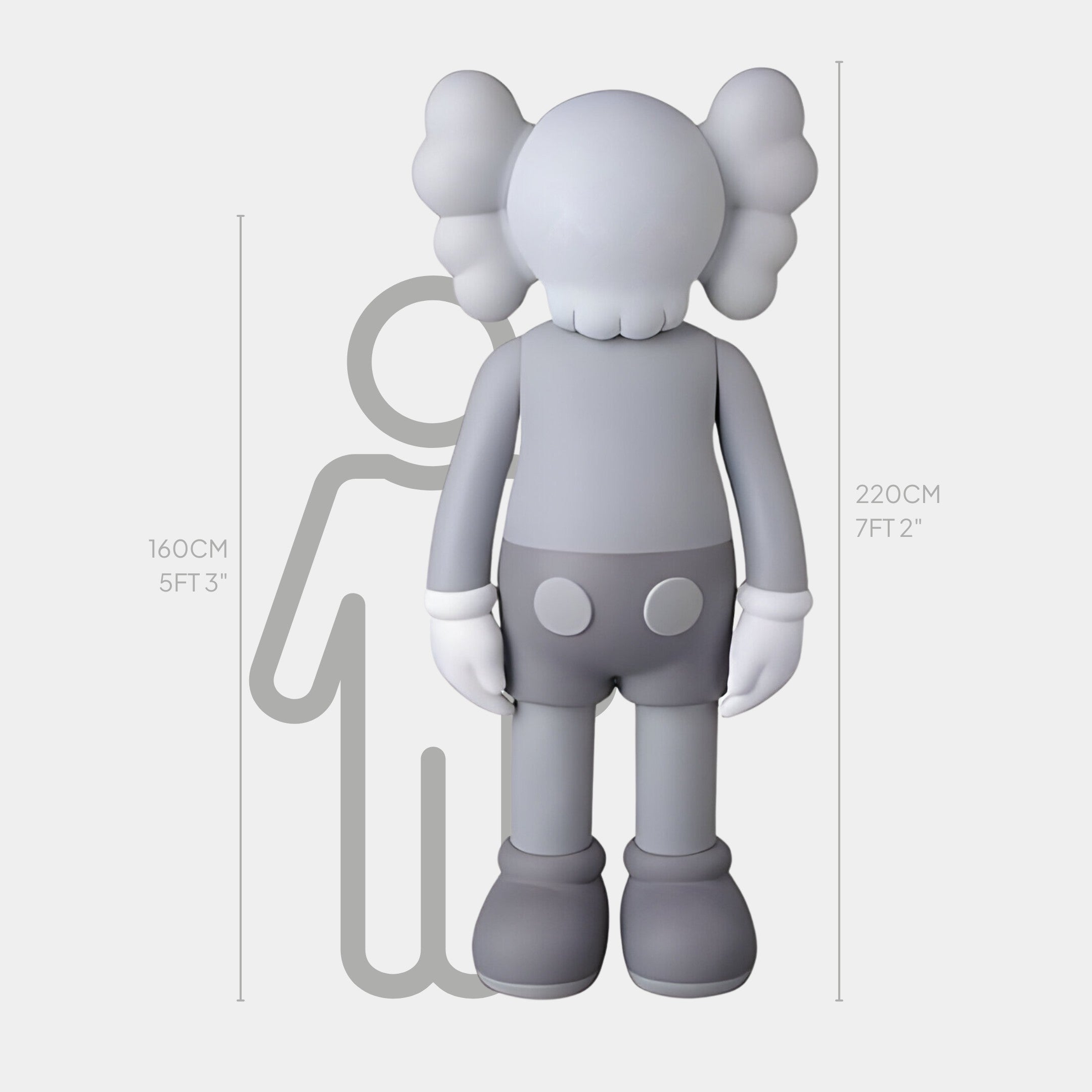 The Soft Grey Iconify Standing Sculpture by Giant Sculptures stands 220 cm tall, featuring modern design elements like crossed-out eyes, large ears, and round hands beside a 160 cm outline for height comparison.