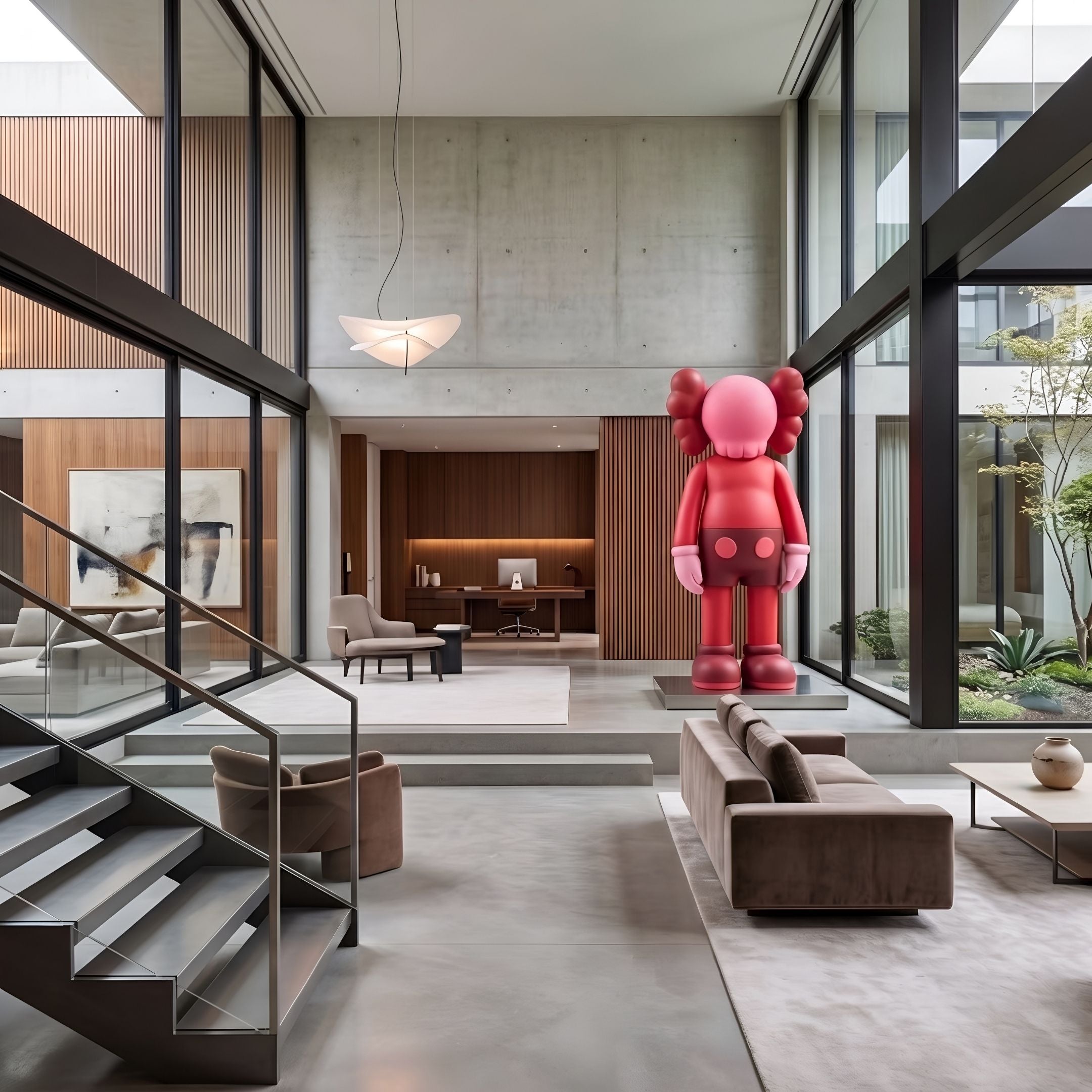 Blush Ruby Iconify Standing Sculpture (220cm) by Giant Sculptures, red-pink figure on a platform in a modern living room with sofa and staircase.