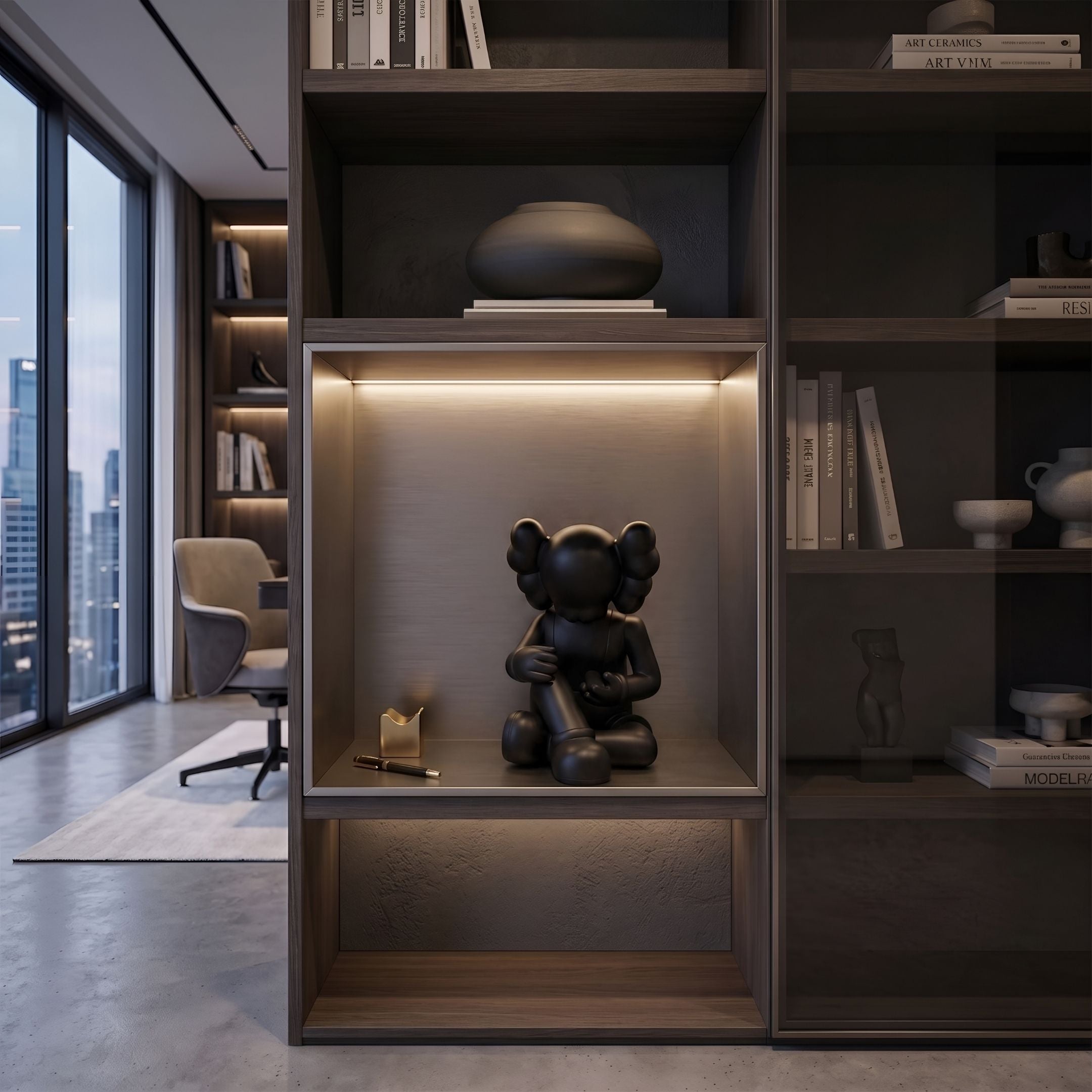 Obsidian Black Iconify Hollow Figure (23cm) seated in a lit display shelf niche, shown within a modern study featuring bookshelves and a city-view window.