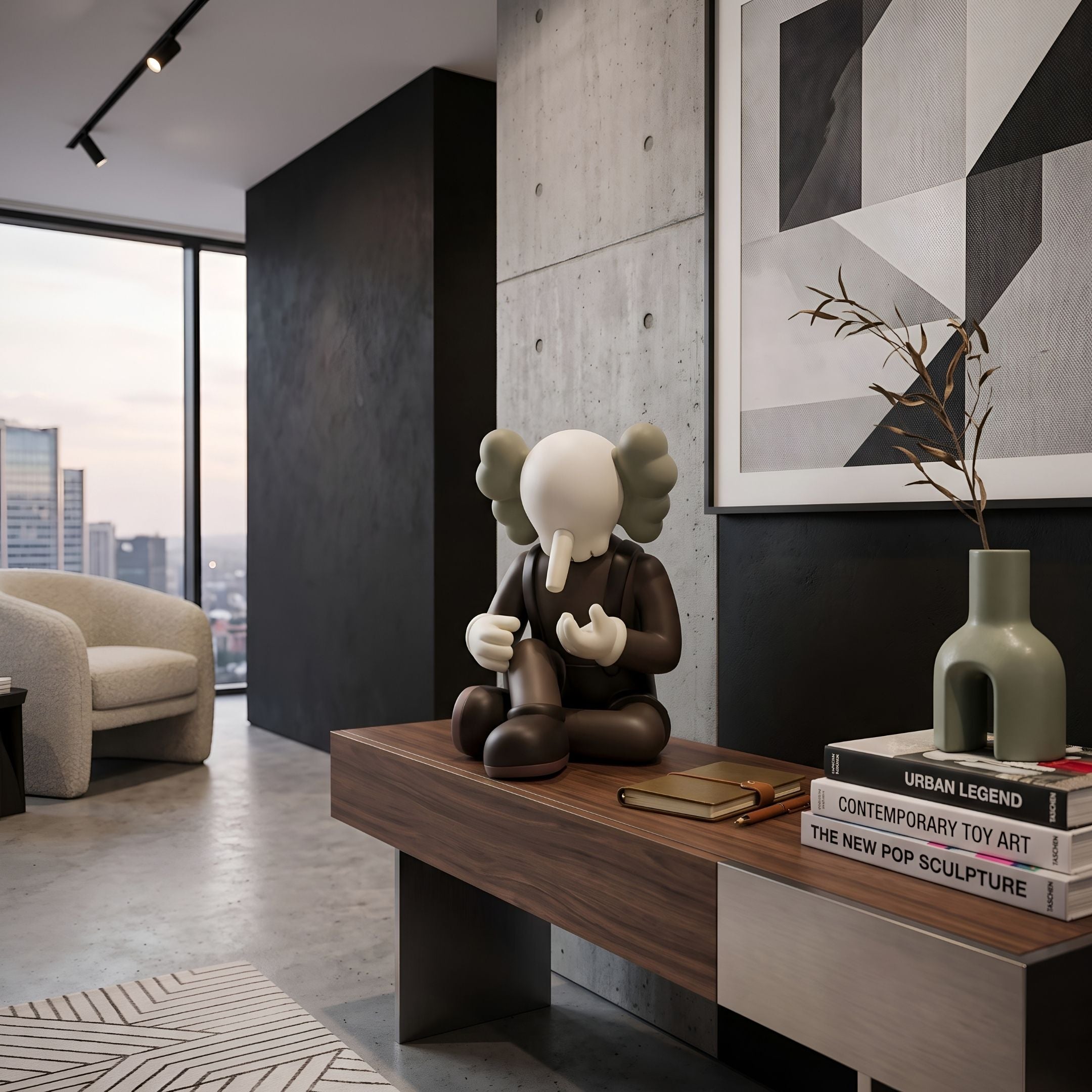 Hazelnut Brown Iconify Hollow Figure - 23cm displayed on a wooden console table, seated with bowed head and clasped hands, beside books and a vase in a modern living room.