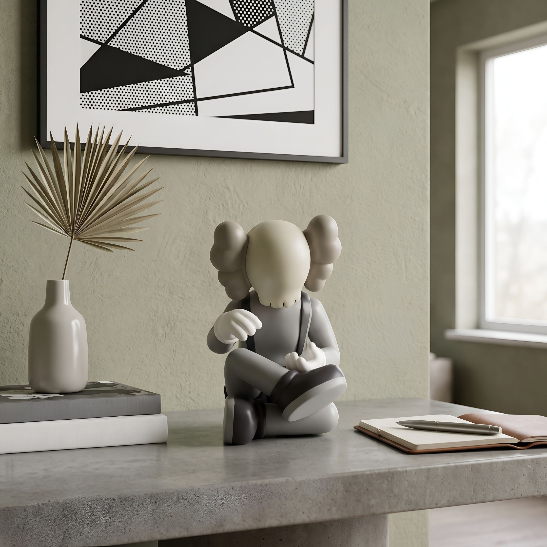 Soft Grey Iconify Hollow Figure - 23cm, seated cross-legged with skull-like head and white gloves, displayed on a stone table beneath framed abstract wall art.