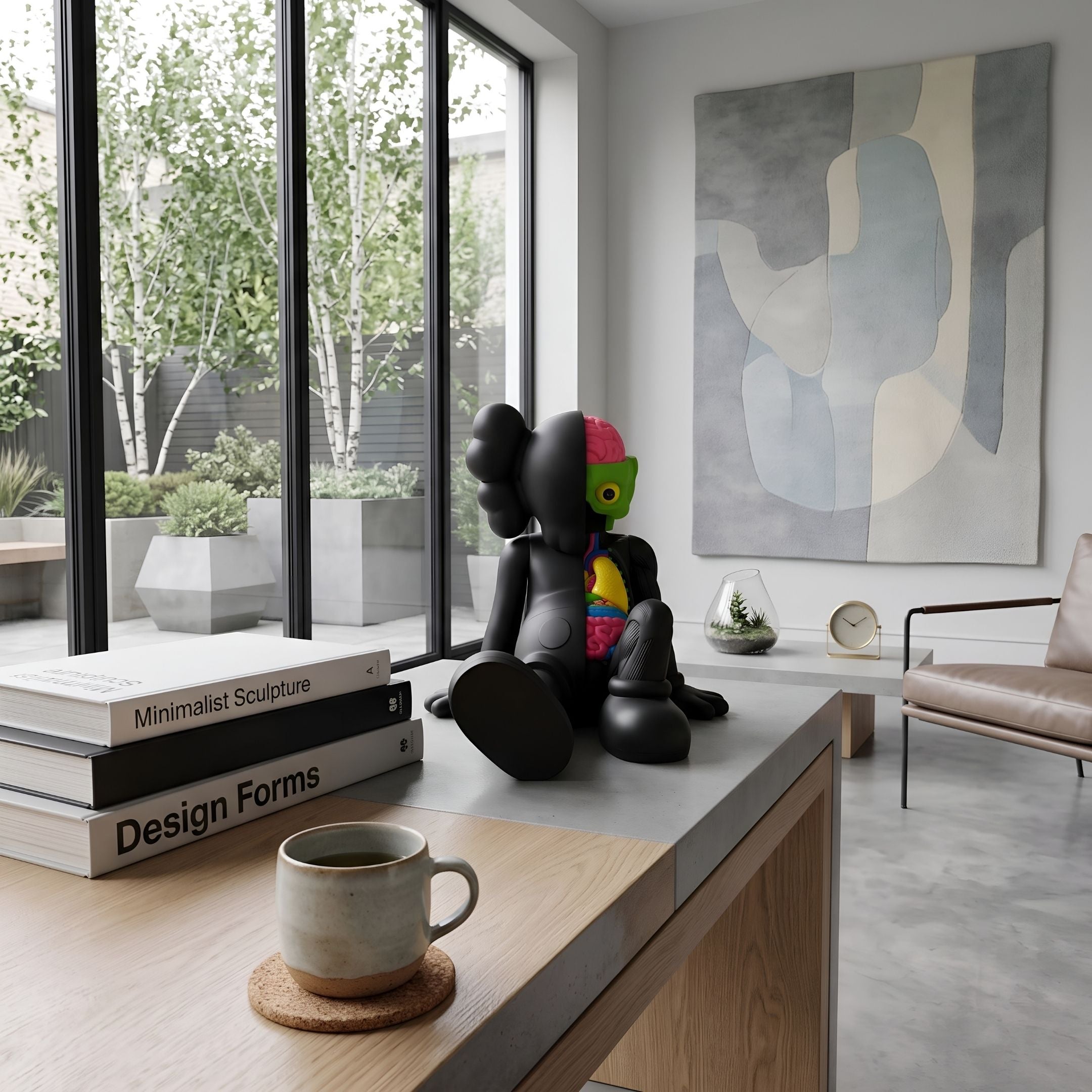Midnight Black Iconify Anatomy Figure, 23cm, seated on a wooden desk with books, showing matte black exterior and colorful exposed anatomy, near a window and abstract wall art.