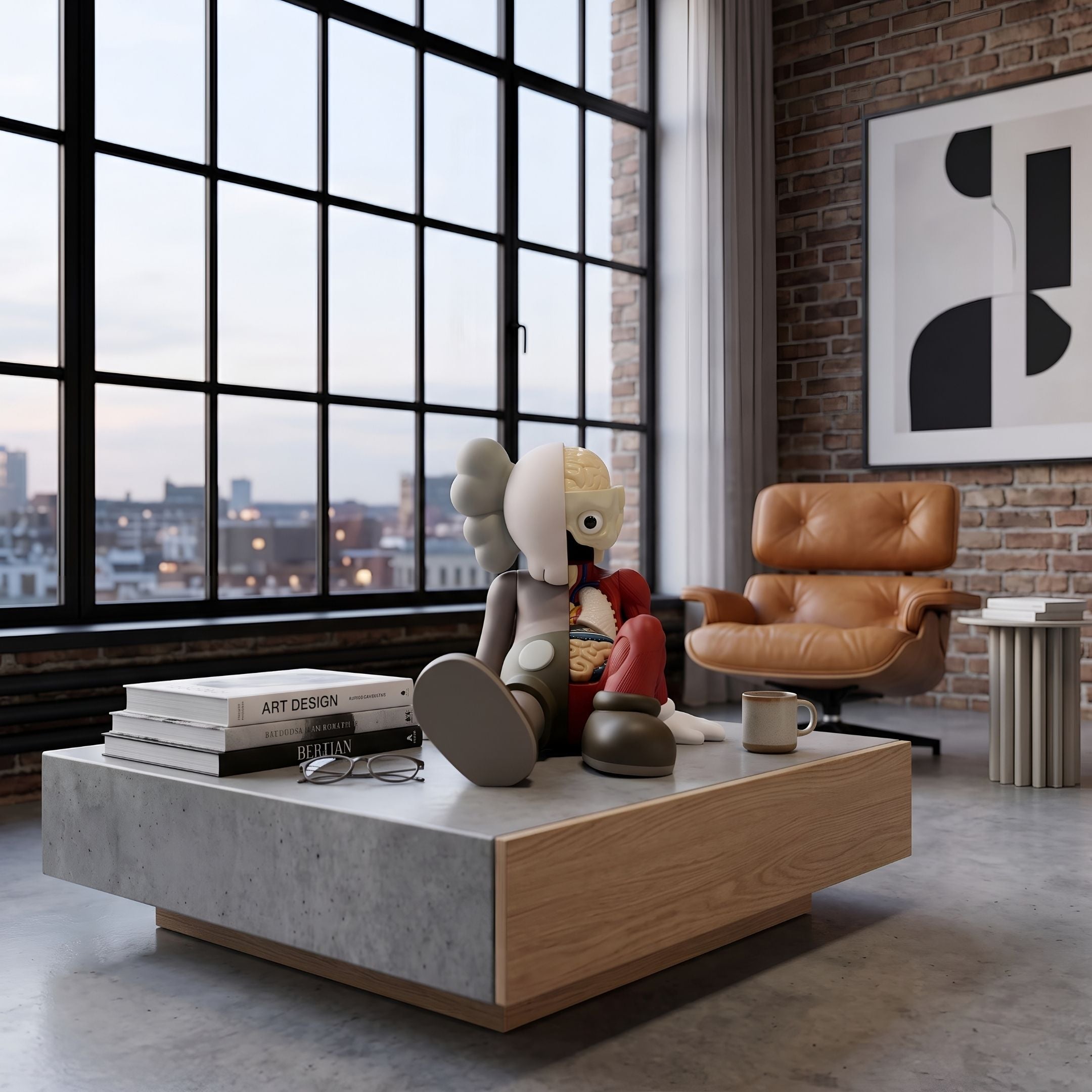 Hazelnut Brown Iconify Anatomy Figure - 23cm displayed on a concrete coffee table with books, styled in a loft living room with leather chair and industrial windows.