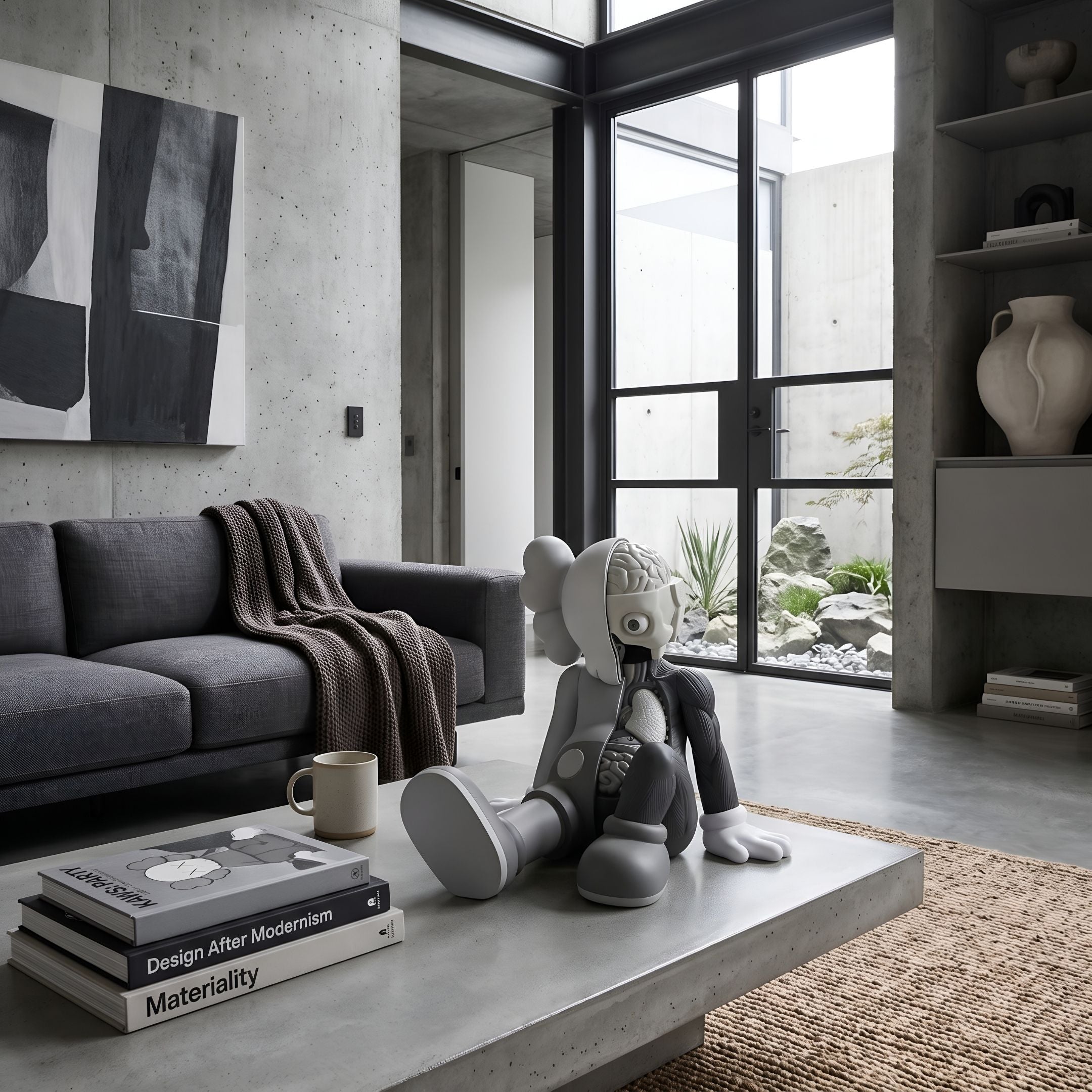 Slate Grey Iconify Anatomy Figure - 23cm seated on a concrete coffee table beside books and a mug, with a dark sofa and glass doors in a modern living room.
