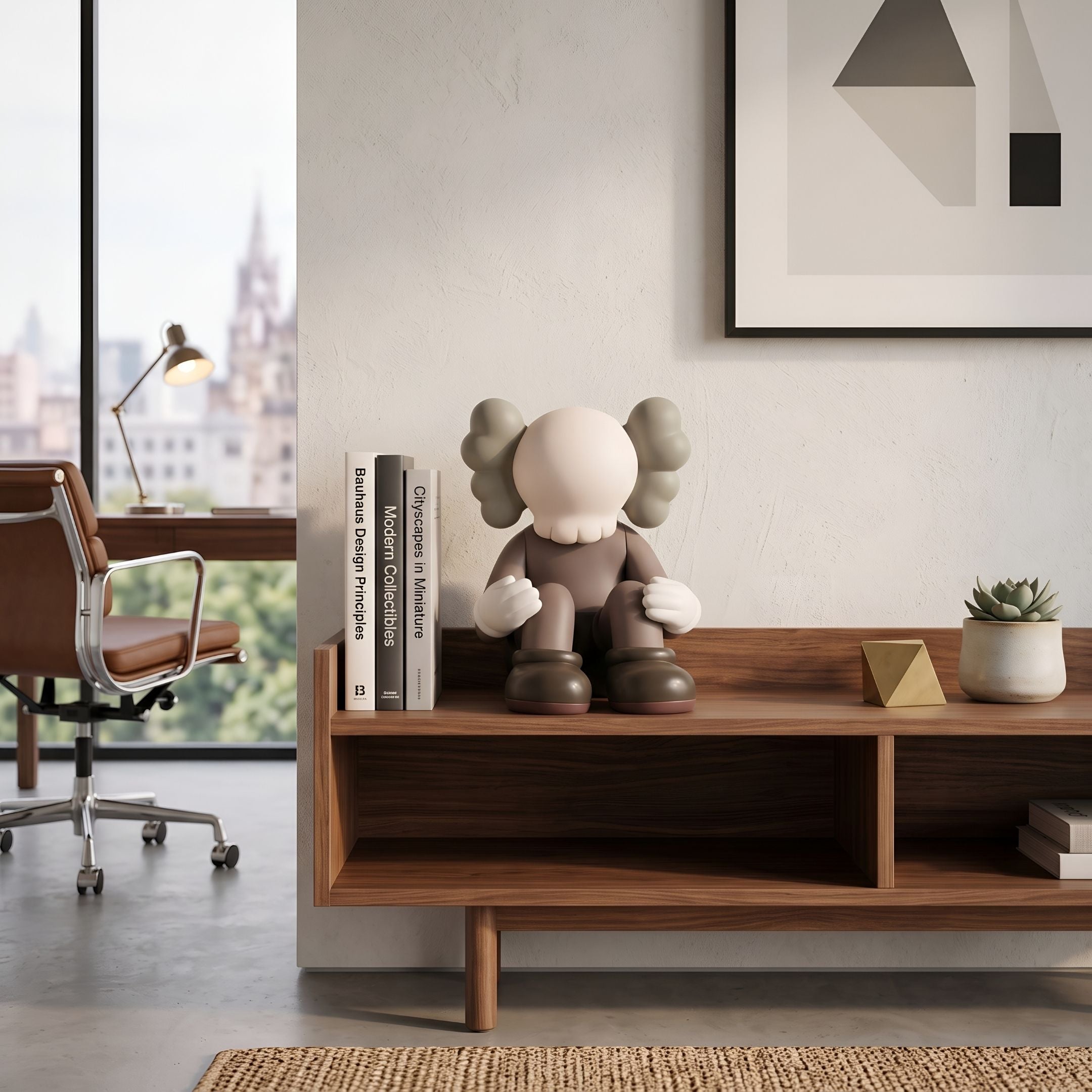 Hazelnut Brown Iconify Silent Figure, 25cm, seated on a walnut media console beside books and a succulent in a modern living room setting.