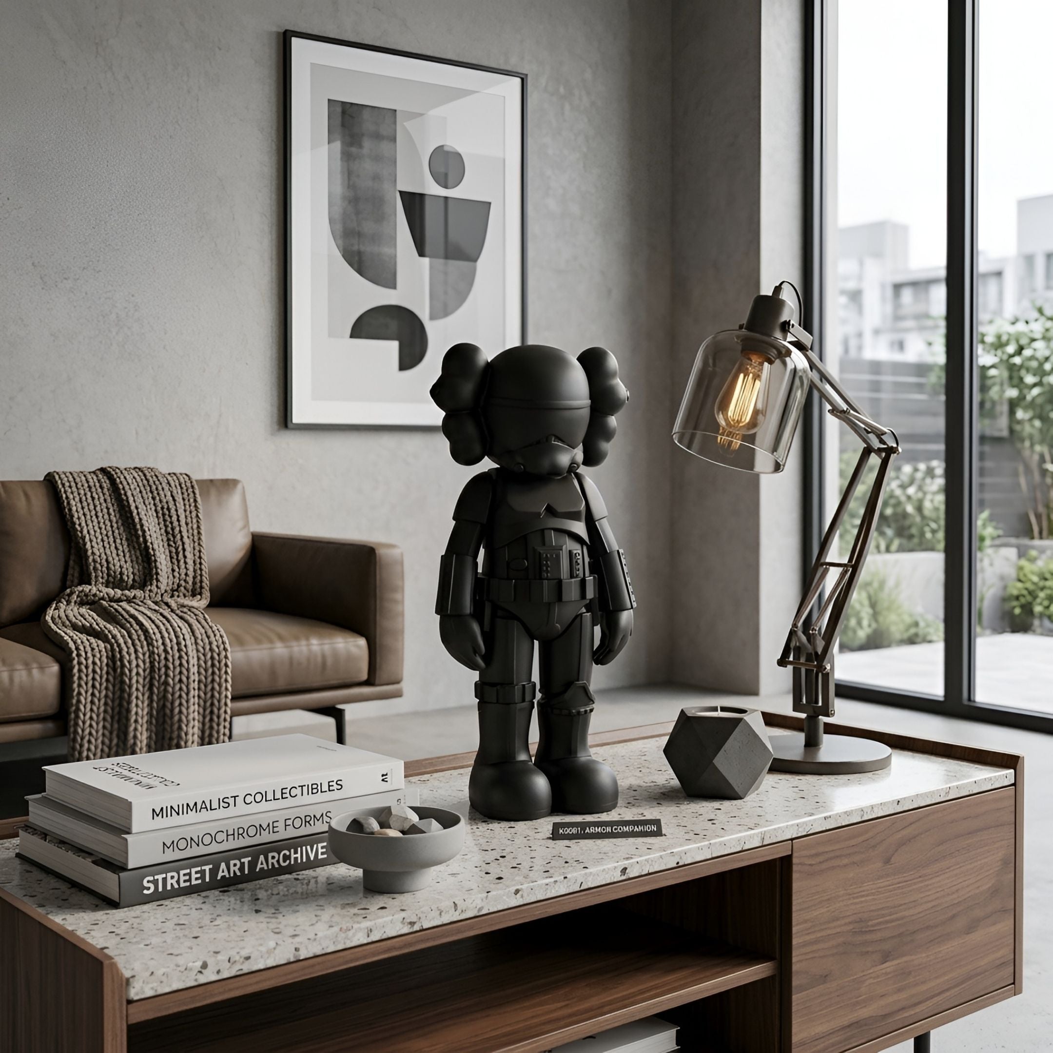 Midnight Black Iconify Enforcer Figure, 26cm, on a modern console table beside books, a lamp, and abstract wall art in a living room setting.