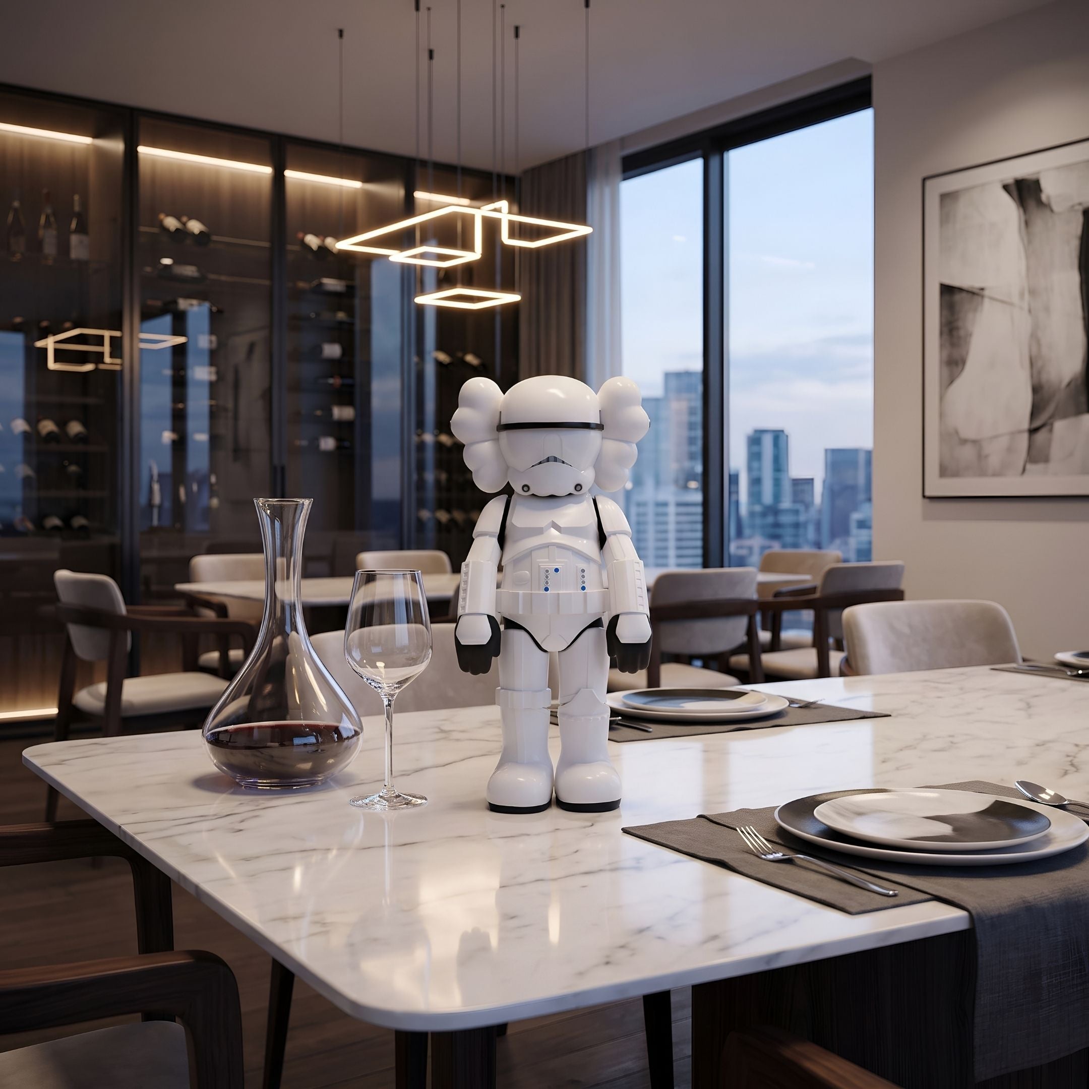 Black & White Iconify Enforcer Figure, 26cm, on a marble dining table beside a wine decanter and glass, with a city skyline view.