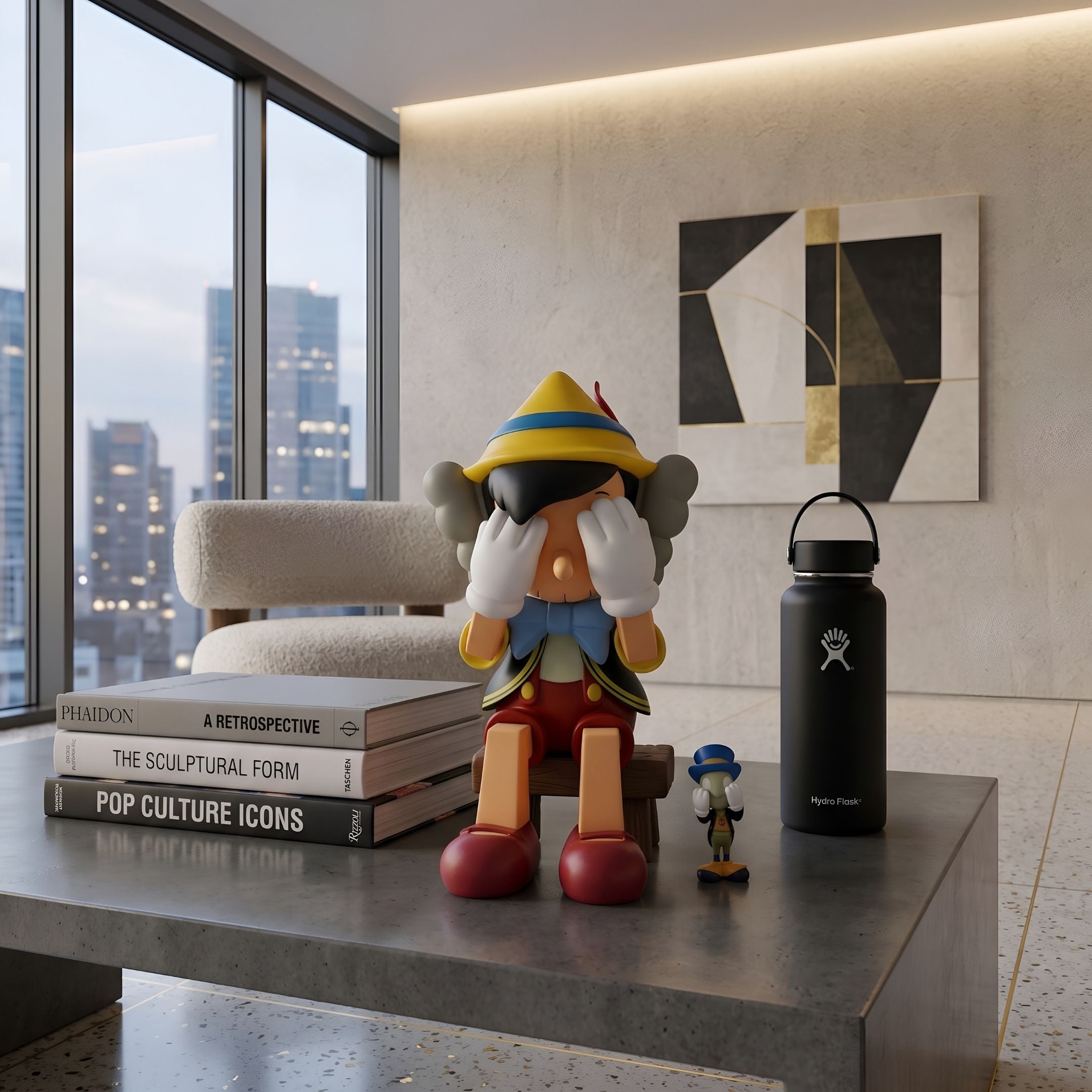 Iconify Marionette Sitting Figure - 26cm by Giant Sculptures, glossy red and yellow puppet covering its eyes, displayed on a table beside books and a small figurine in a modern living room.