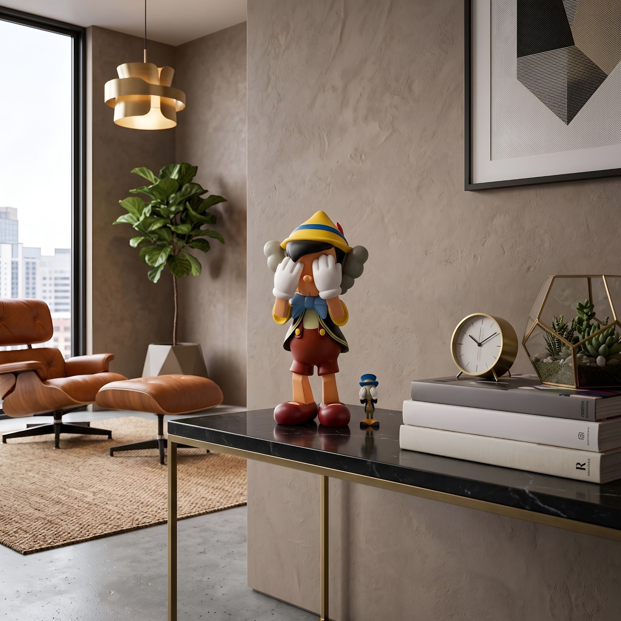 Iconify Marionette Figure - 26cm by Giant Sculptures, hidden-face puppet duo in yellow hat and red shorts, displayed on a console table beside books and a clock.